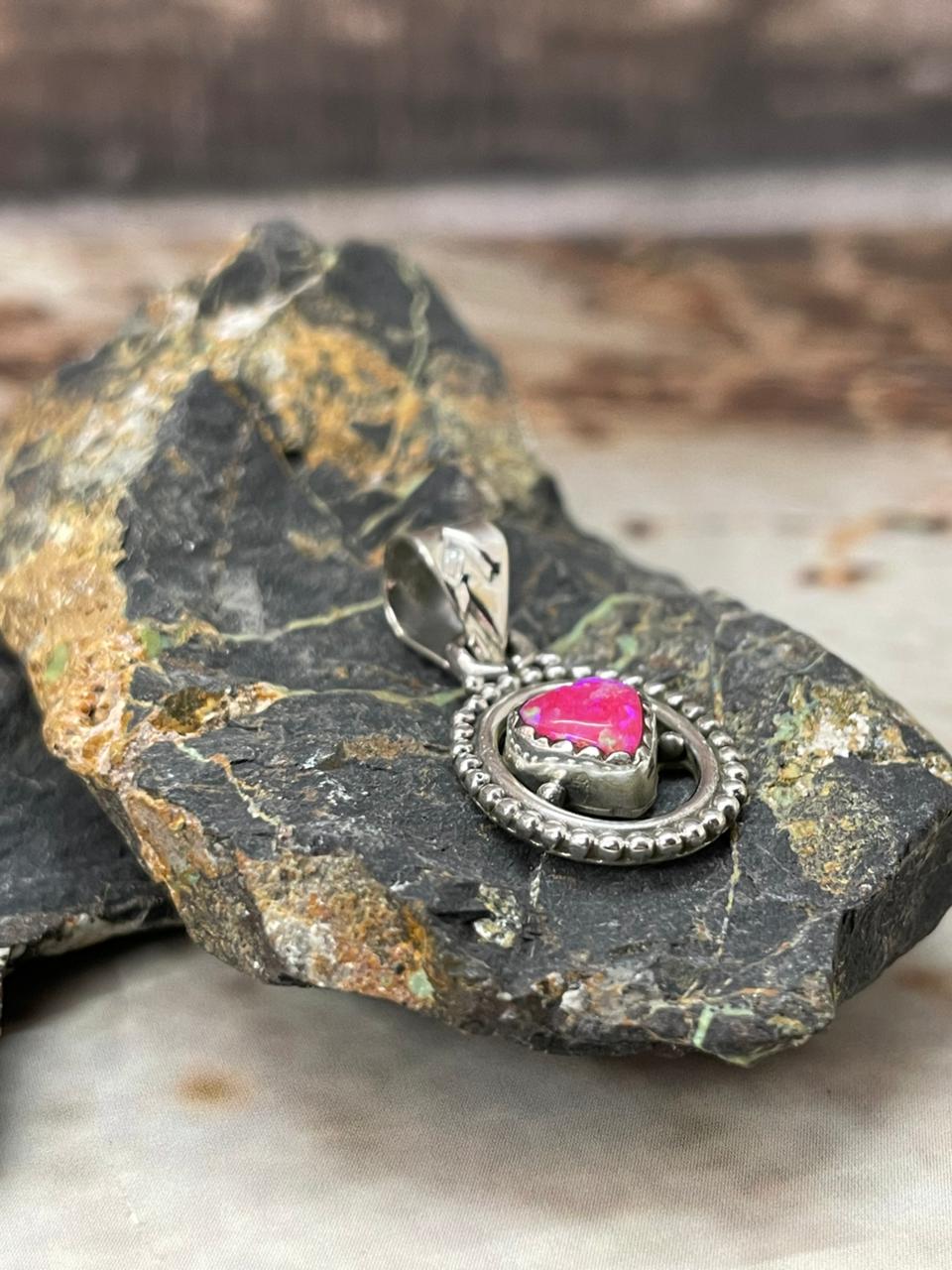 "Heart Collection" Handmade Sterling Silver Hot Pink Pendant "Signed Nizhoni"