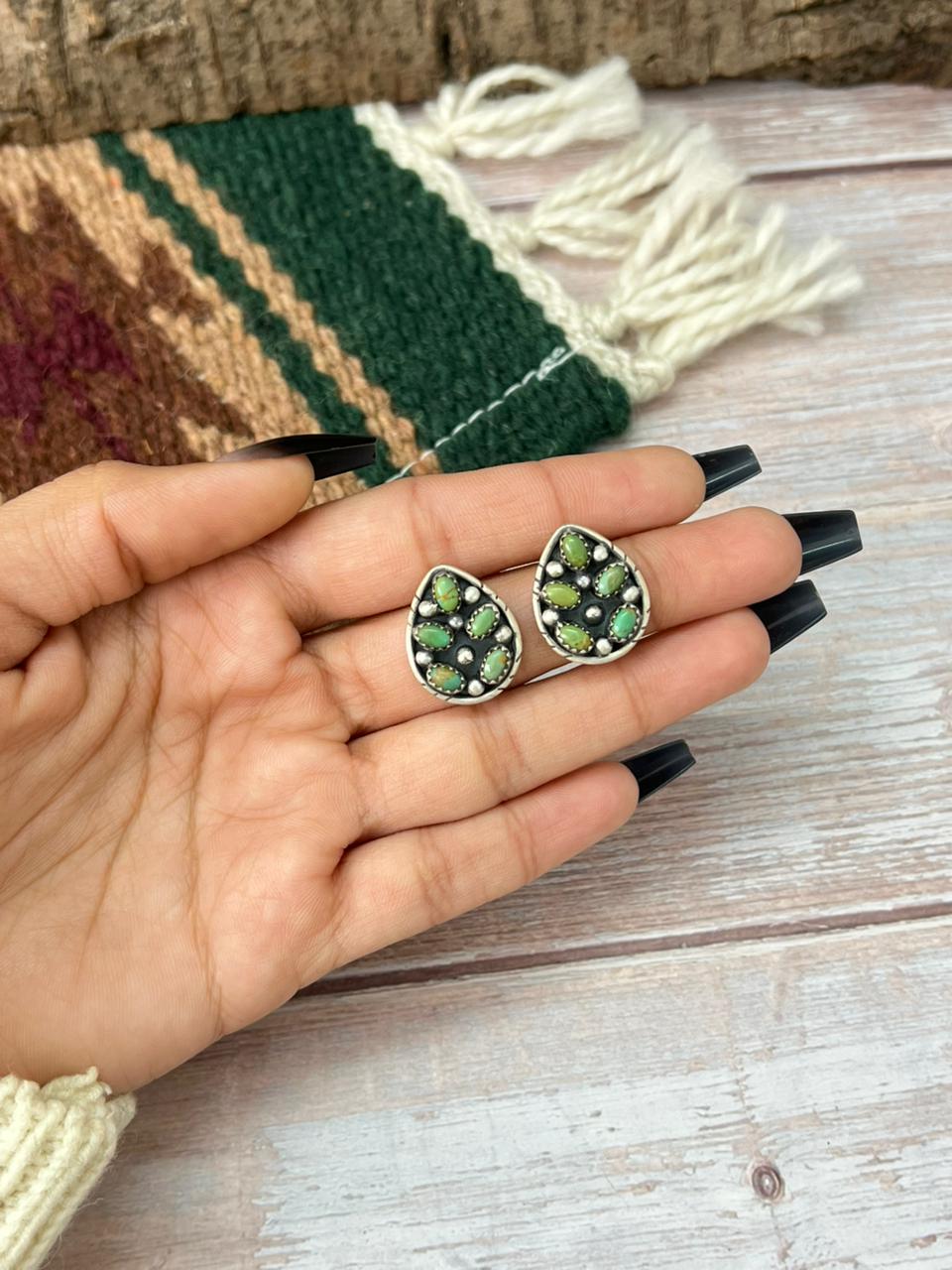 Handmade Sterling Silver Kingman Turquoise Post Studs Earrings "Signed Nizhoni"