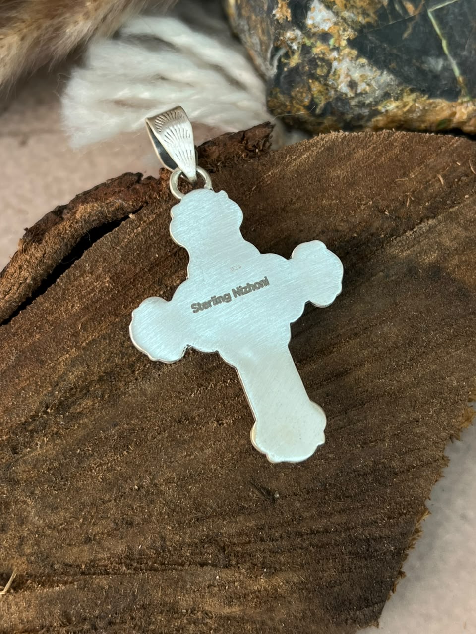 Handmade Sterling Silver Kingman Turquoise Cross Pendant Signed Nizhoni •99