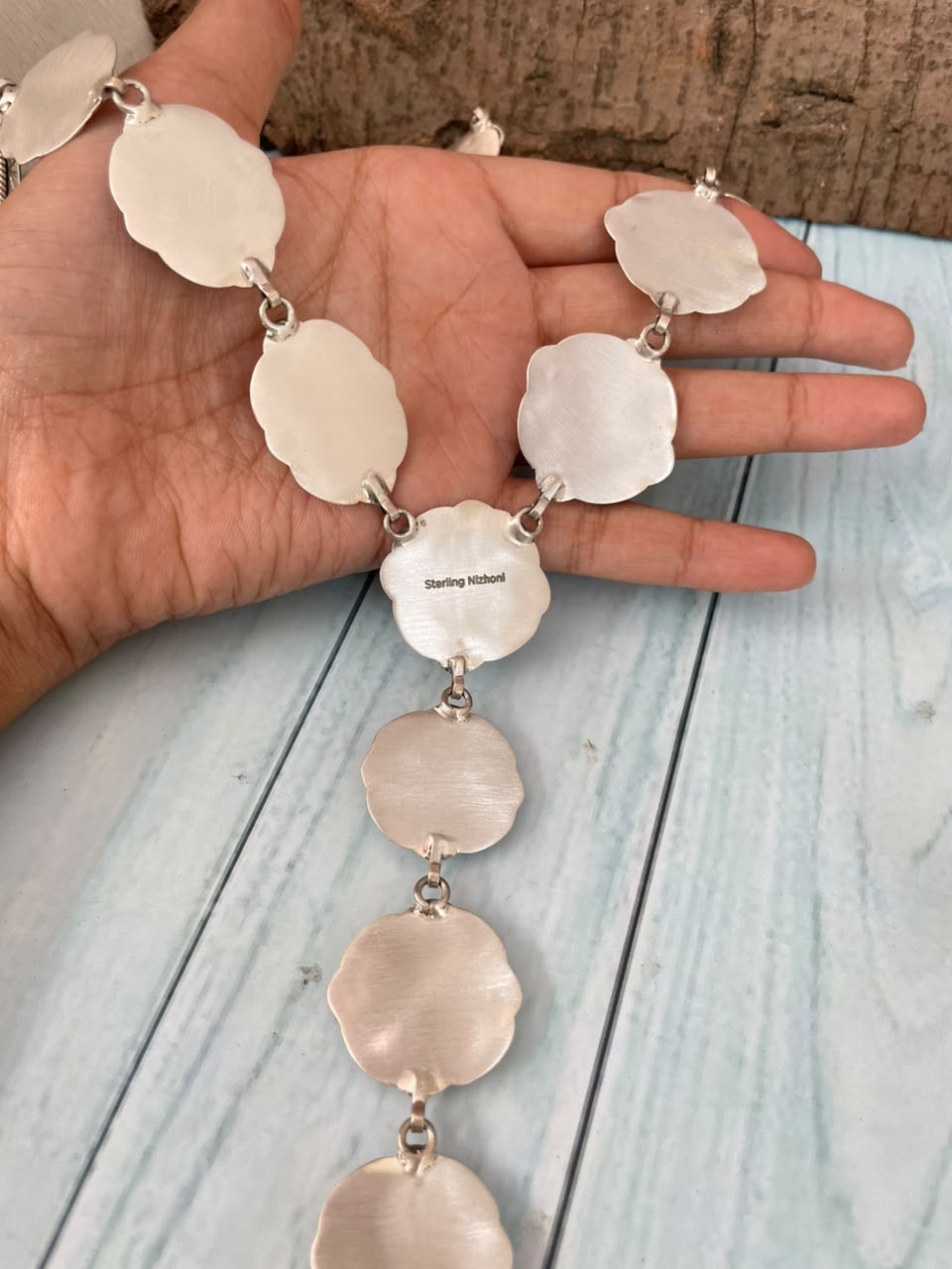 Handmade Sterling Silver Egyptian Turquoise Collection: 'Y Shaped' Necklace Signed Nizhoni