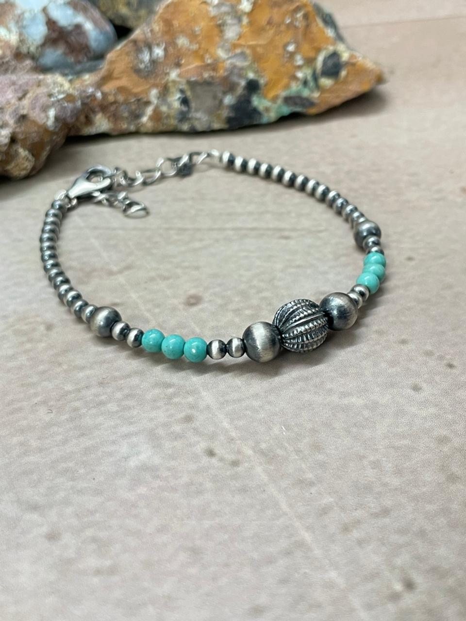 Handmade Sterling Silver Beaded Kingman Turquoise Chain Bracelet "Signed Nizhoni" (7)