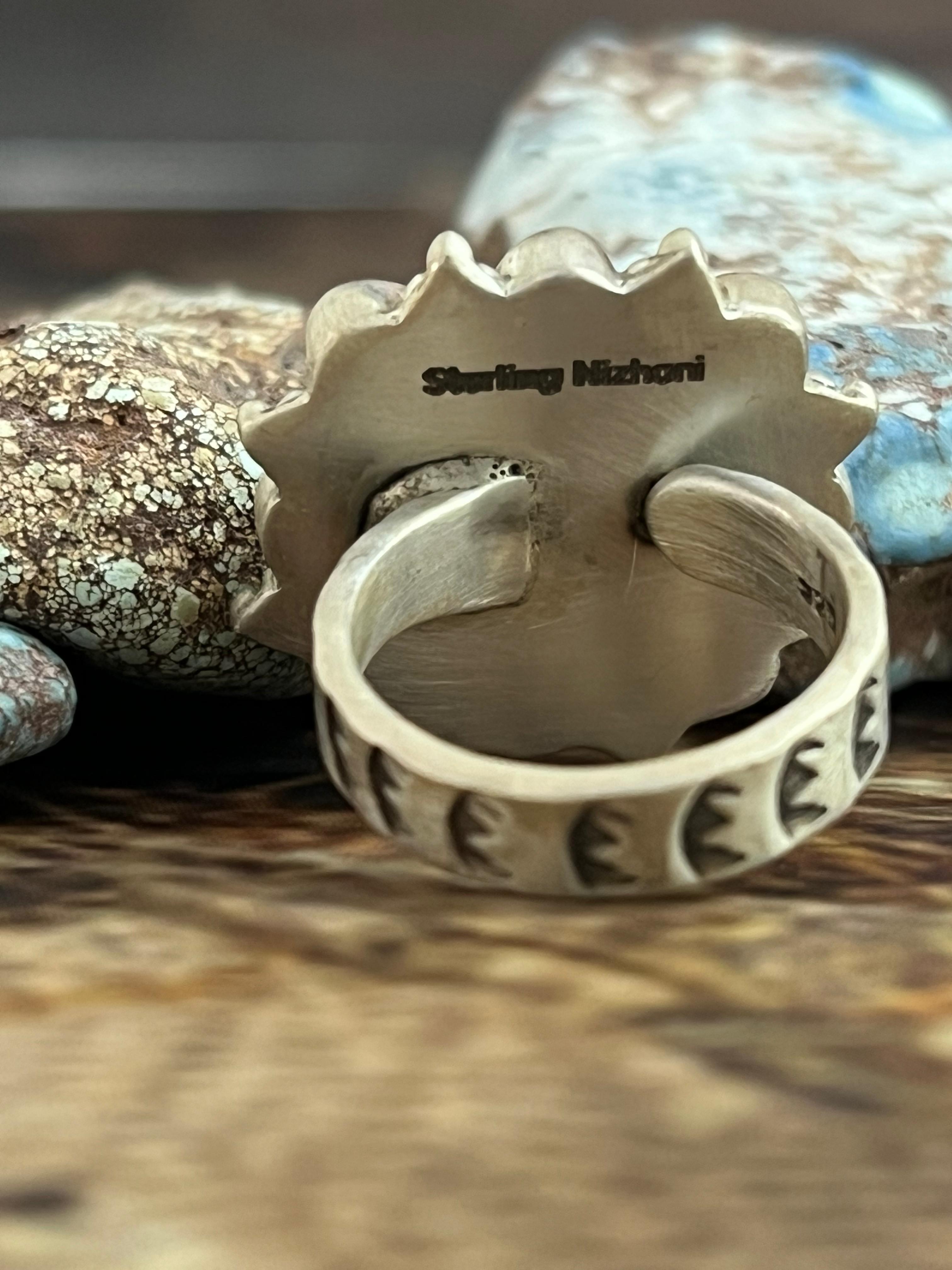 Handmade Sterling Silver White Buffalo Adjustable Ring, Signed Nizhoni