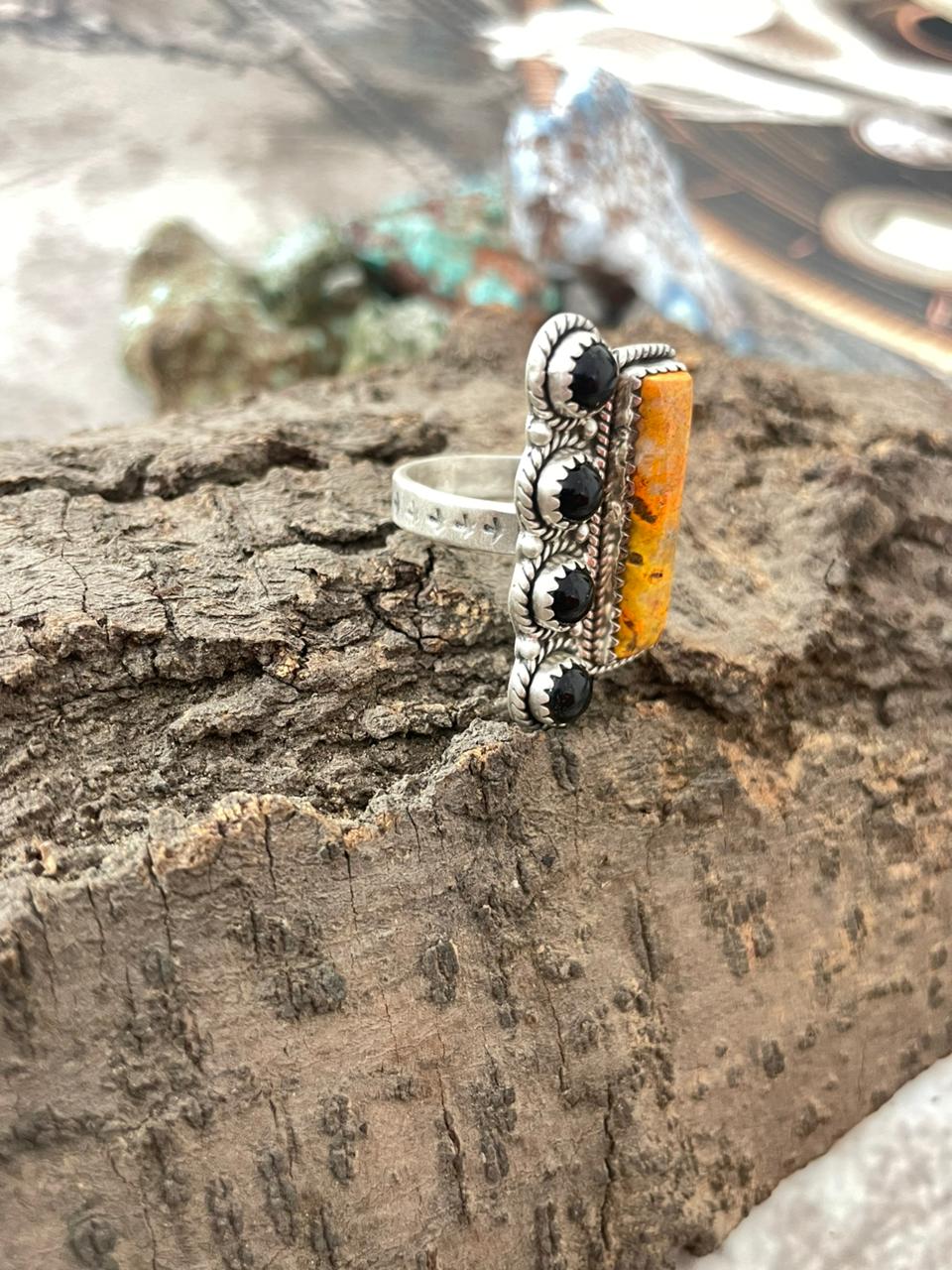 "Halloween Collection" Handmade Sterling Silver Black Onyx, Bumblebee Adjustable Ring with Signed Nizhoni
