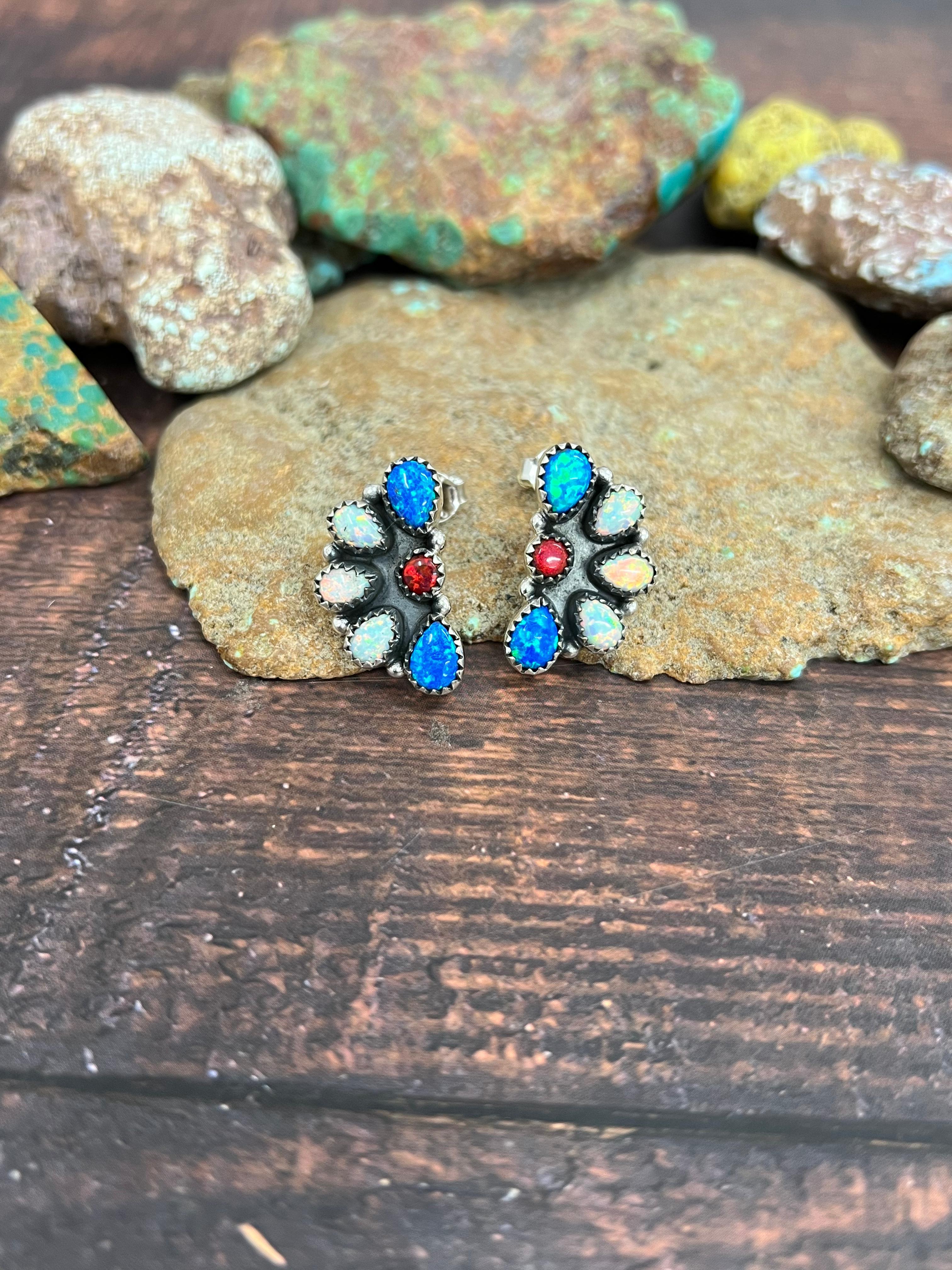 ** 4TH OF JULY ** Handmade Sterling Silver Synthetic Opal Post Earrings with Signed Nizhoni