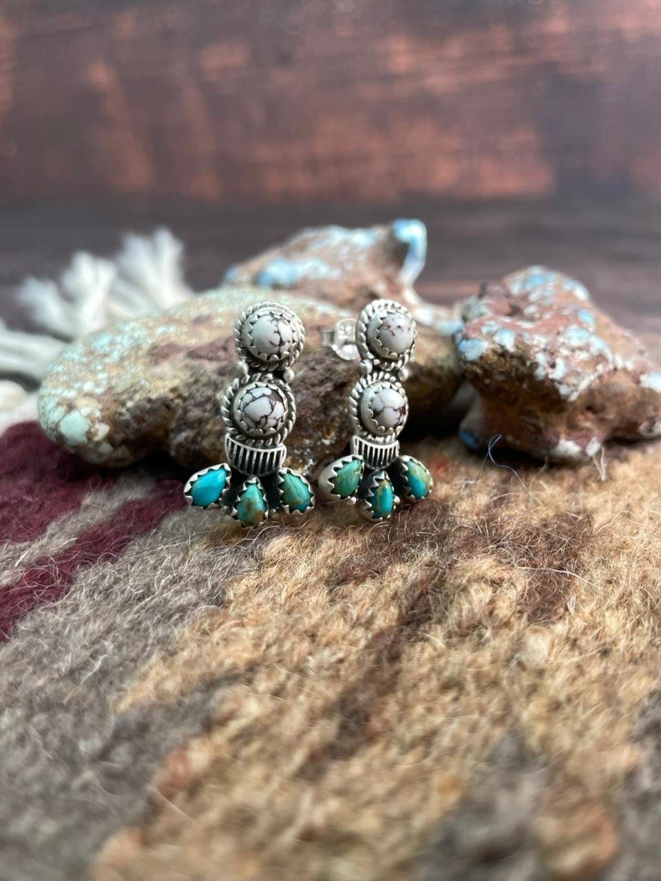 Handmade Sterling Silver Wildhorse Magnesite with Kingman Post Earrings "Signed Nizhoni"