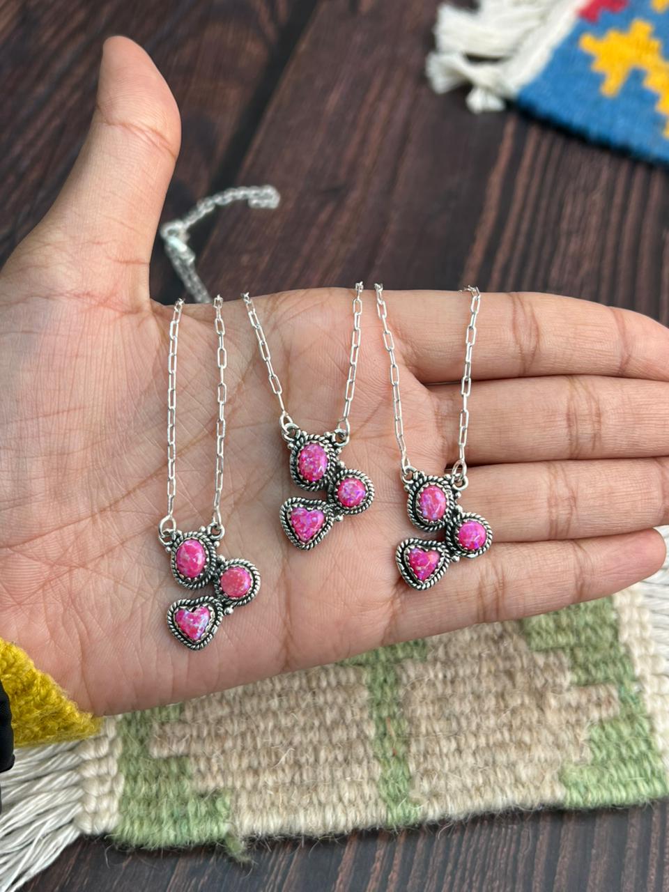 "Heart Collection" Handmade Sterling Silver Hot Pink Necklace "Signed Nizhoni"