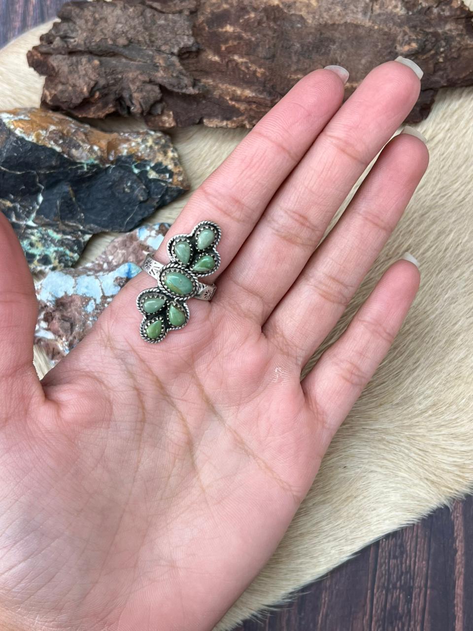 Handmade Sterling Silver Kingman Turquoise Adjustable Ring "Signed Nizhoni"