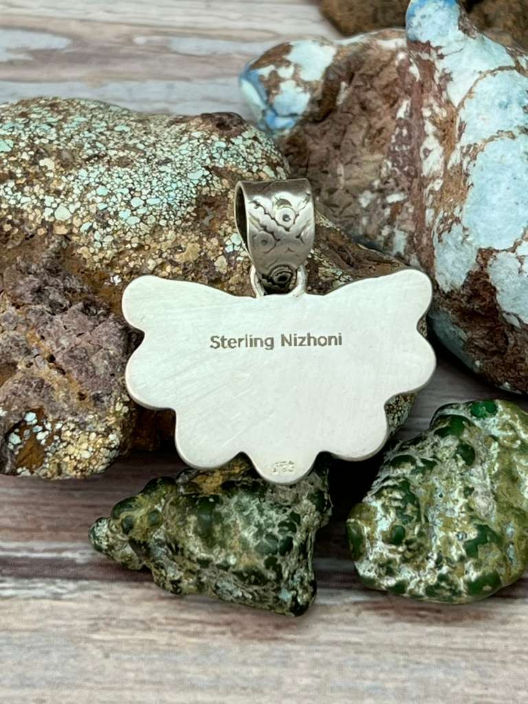 Handmade Sterling Silver White Buffalo Turquoise Pendant with Signed Nizhoni