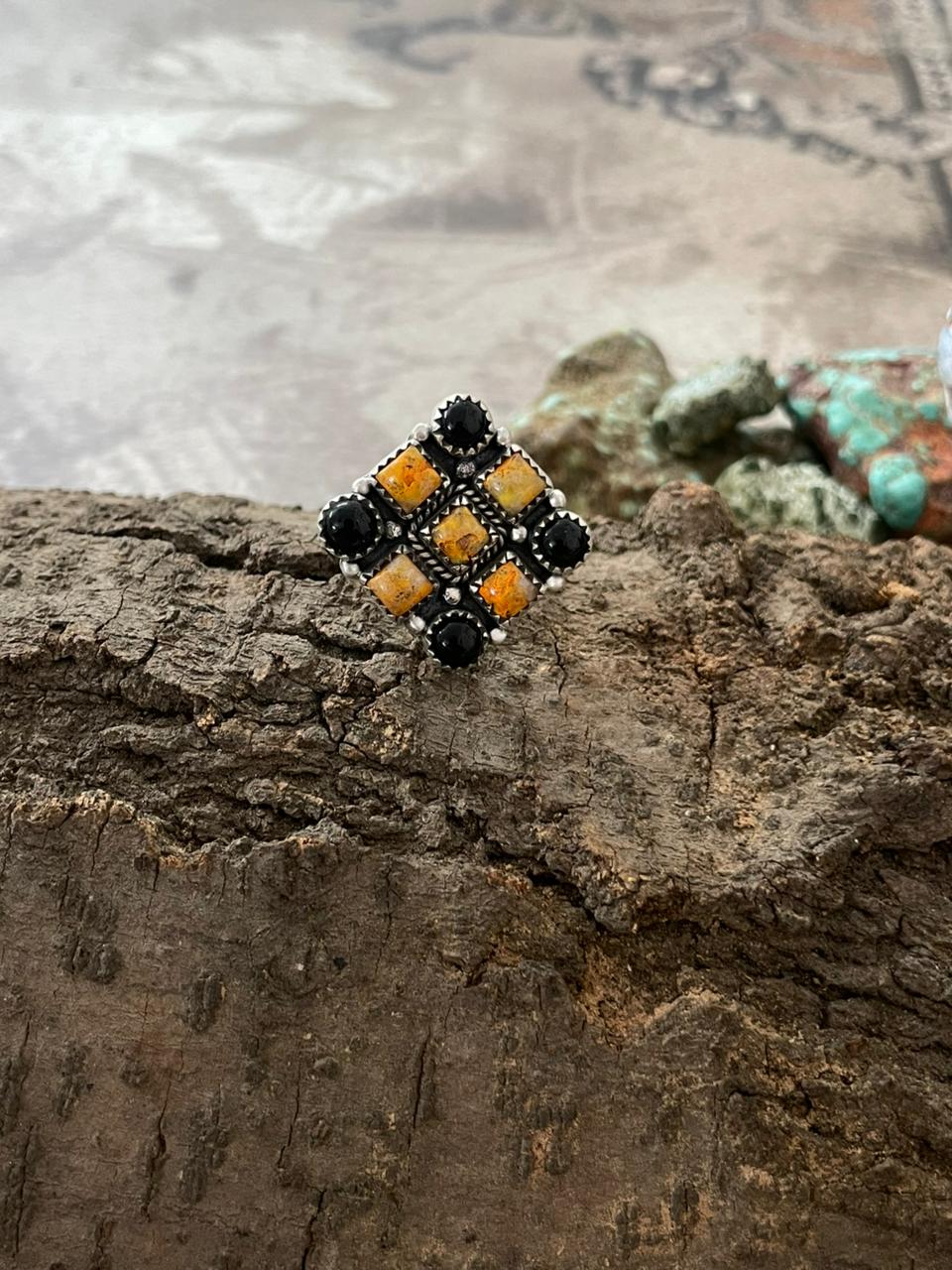 "Halloween Collection" Handmade Sterling Silver Black Onyx, Bumblebee Ring with Signed Nizhoni