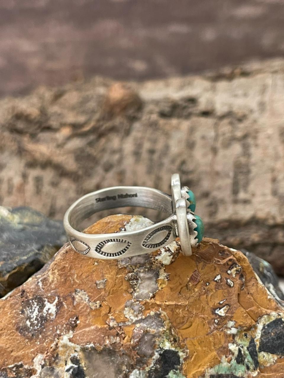 "Heart Collection" Handmade Sterling Silver Kingman Turquoise Adjustable Ring "Signed Nizhoni"