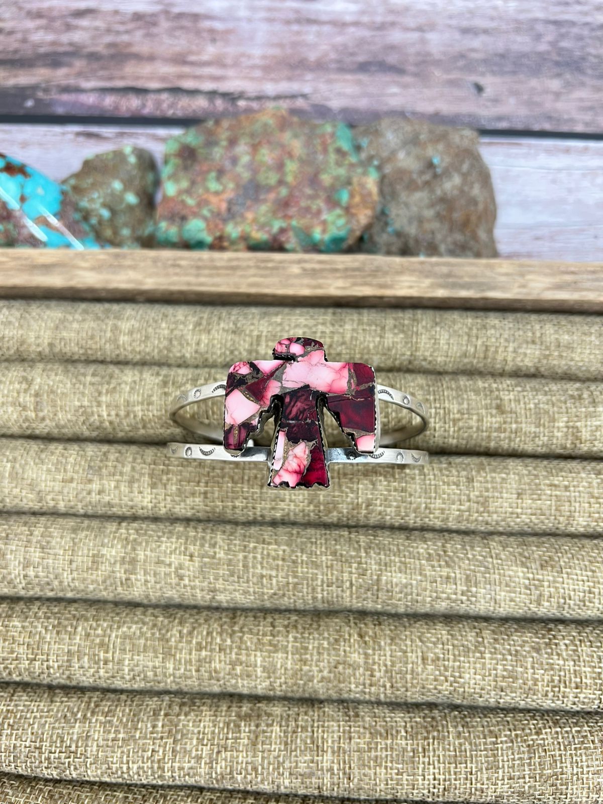 Handmade Sterling Silver Dahlia Rose Thunder Bird Cuff Bracelet with Signed Nizhoni