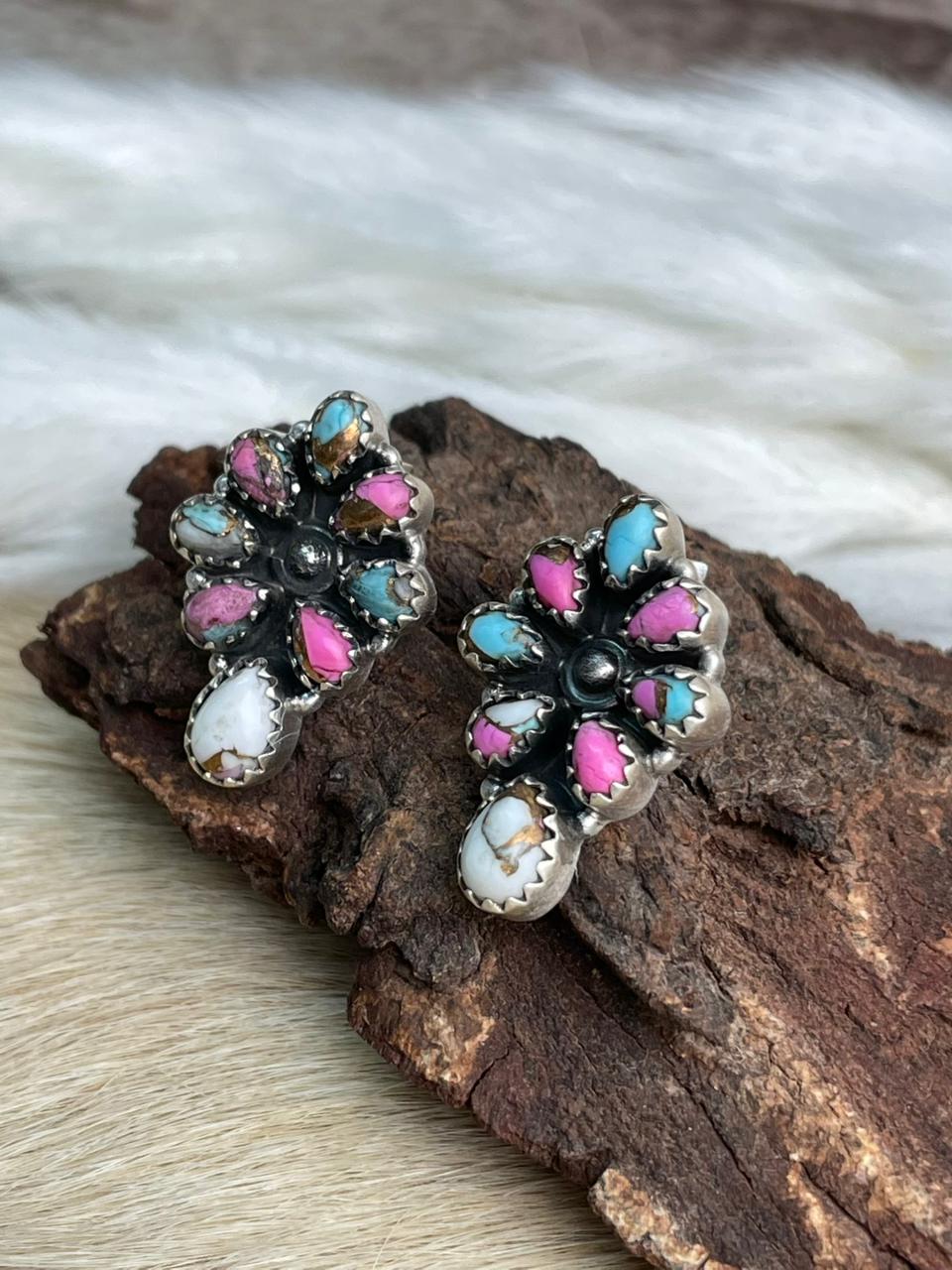 Handmade Sterling Silver Cotton Candy Post Studs Earrings "Signed Nizhoni"
