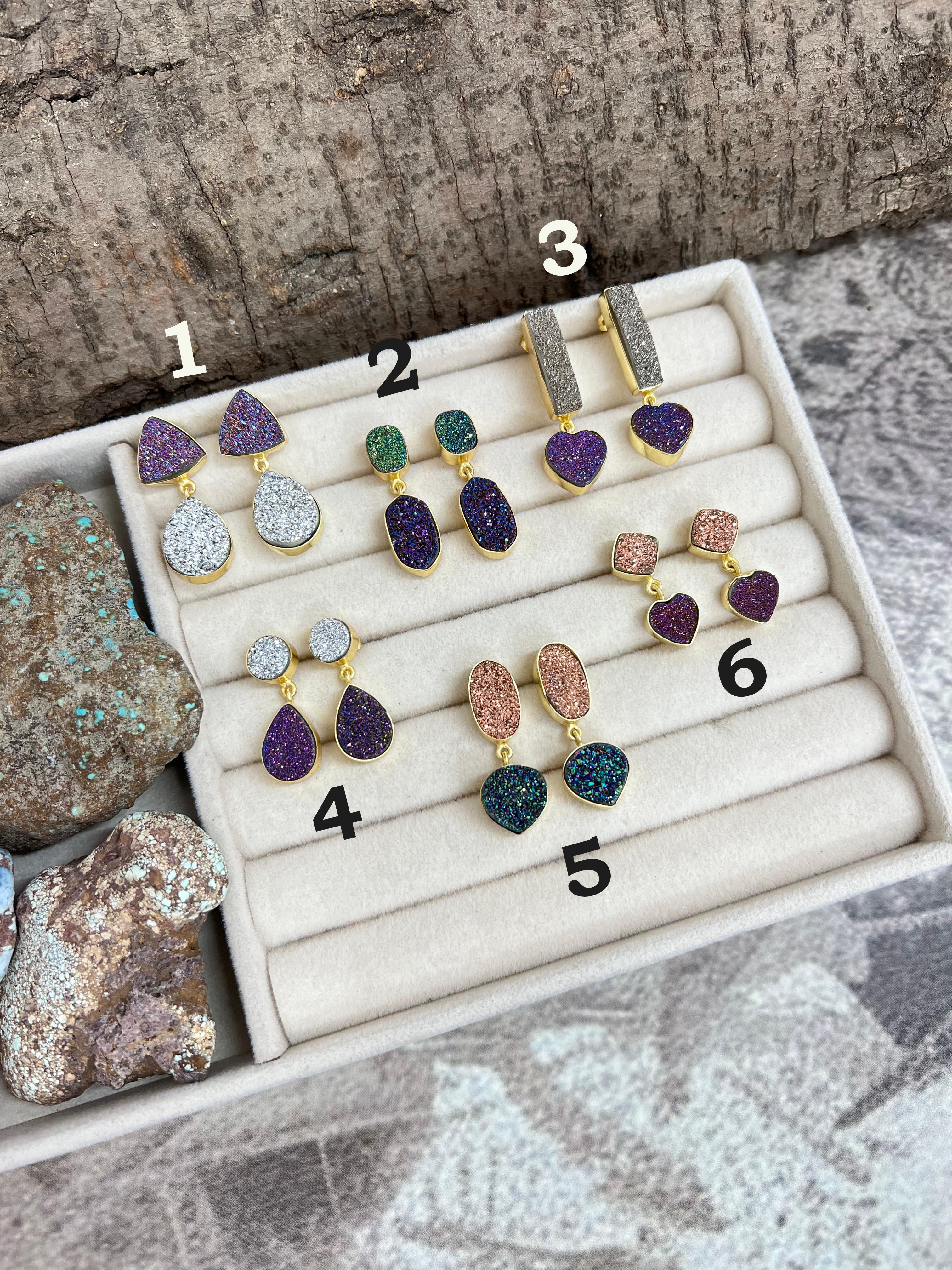 “The Boho Collection” Natural Handmade 2 Stone Druzy Post Dangle Earrings