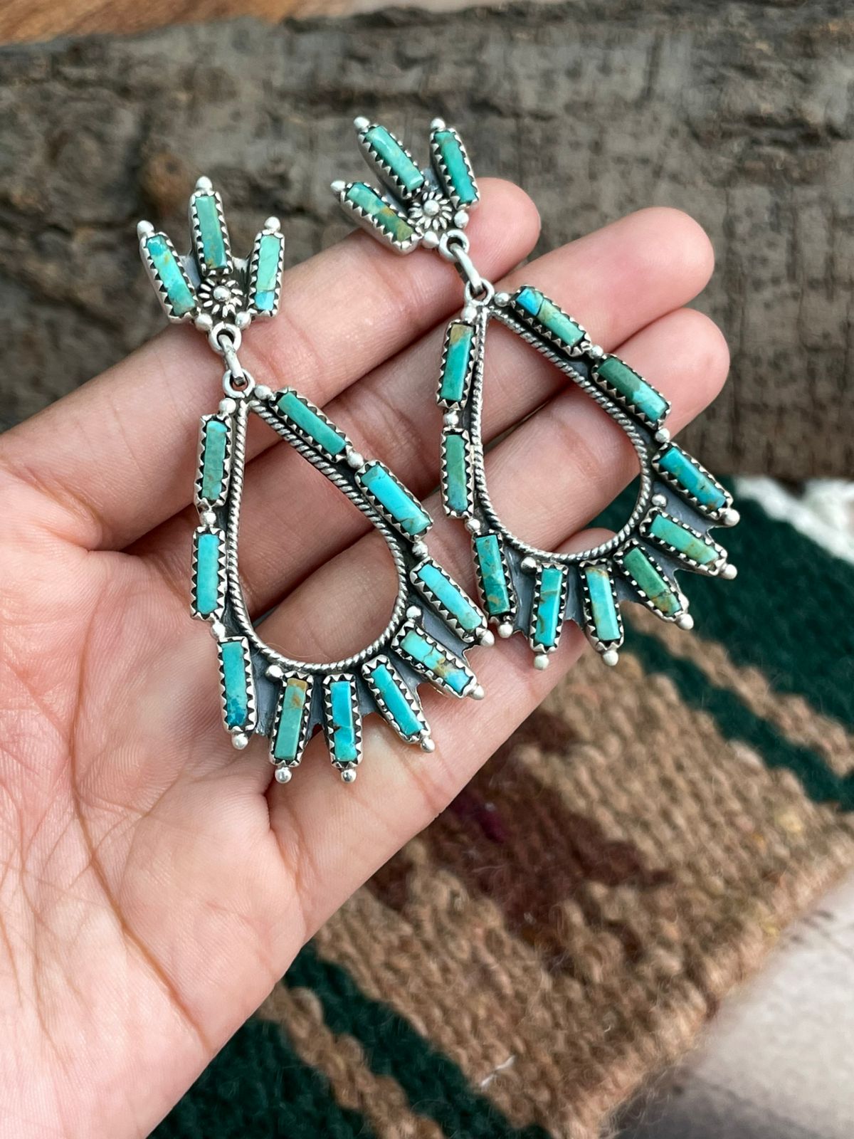 Handmade Sterling Silver Kingman Turquoise Post Dangle Earrings "Signed Nizhoni"