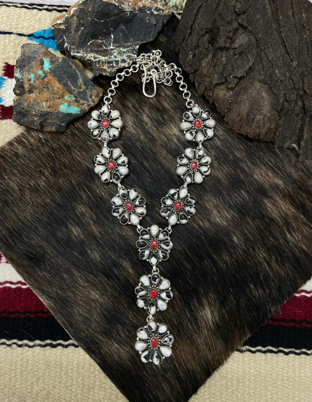 Handmade Sterling Silver White Buffalo with Red Opal Necklace "Signed Nizhoni"