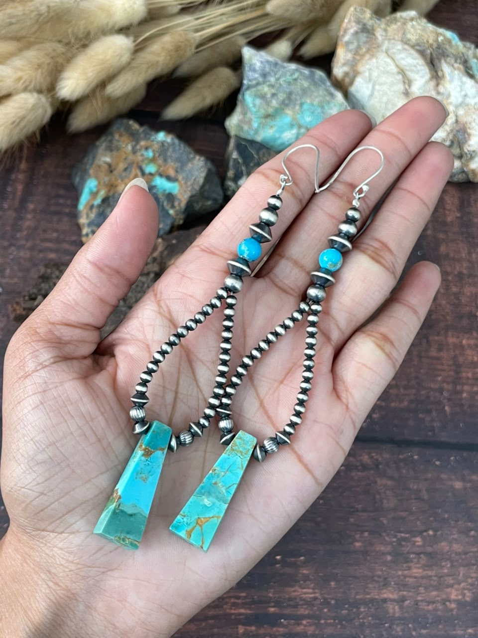 Handmade Sterling Silver Kingman Turquoise Hook Dangle Beaded Earrings
