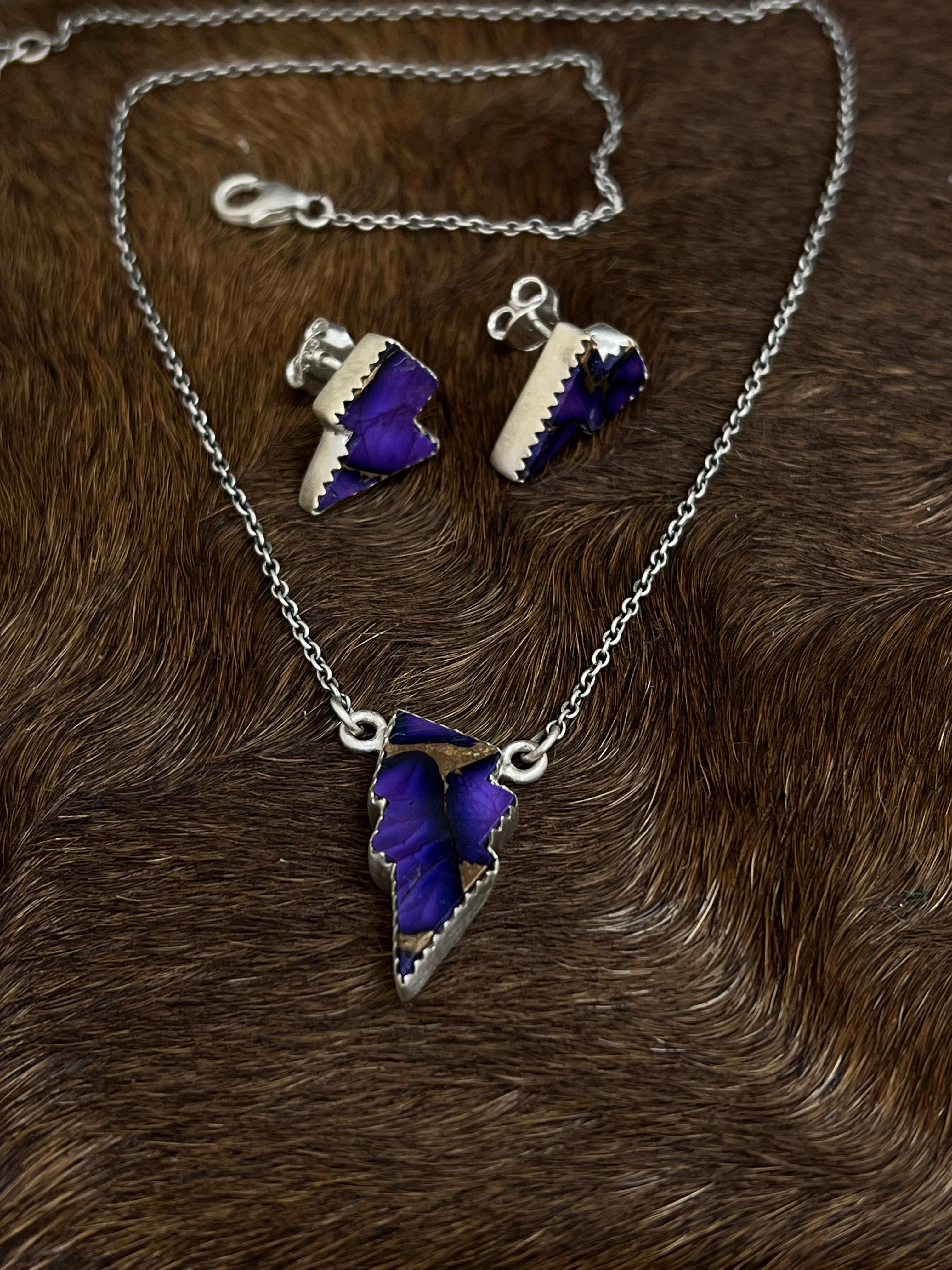 Handmade Sterling Silver Grape Dahlia Lightening Bolt Necklace Earrings Set, Signed Nizhoni