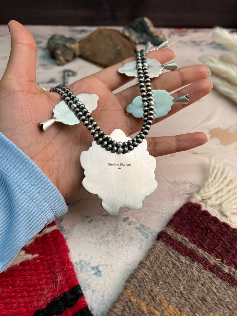 Handmade Sterling Silver Colina Verde Variscite Collection: Beaded Squash Blossom Necklace Signed Nizhoni