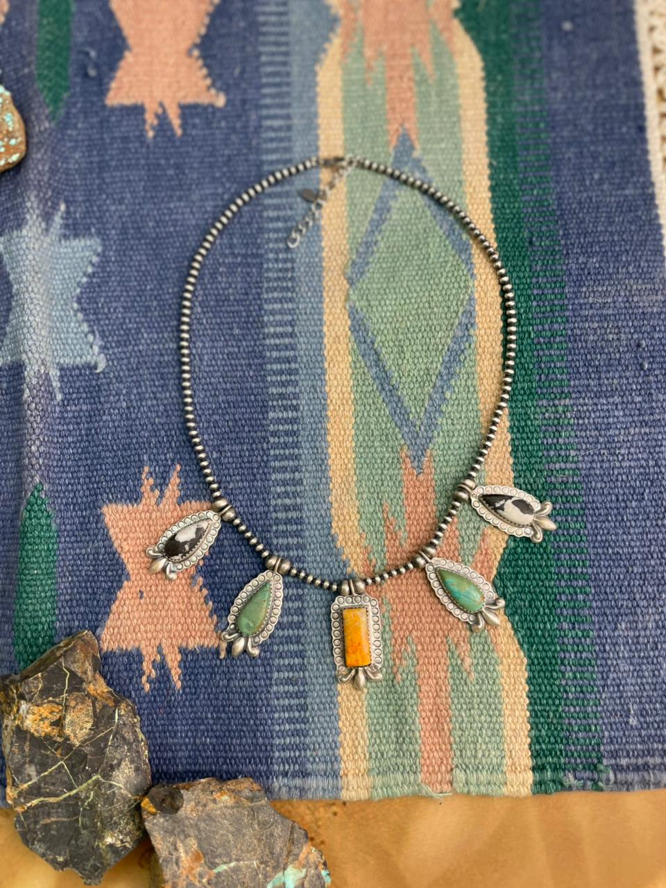 Handmade Sterling Silver Beaded Bumblebee with Kingman, White Buffalo Necklace "Signed Nizhoni"