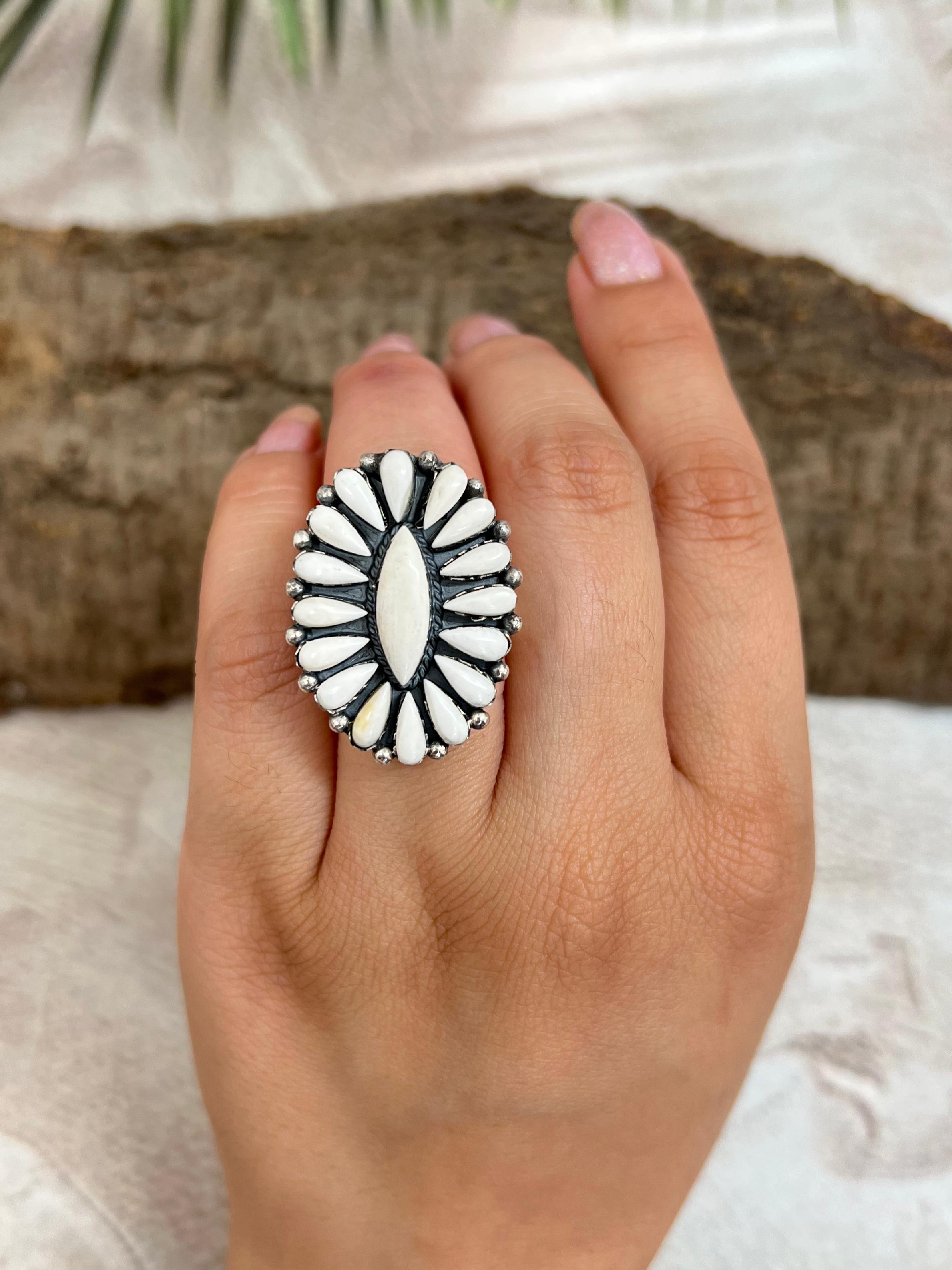 Handmade Sterling Silver White Buffalo Turquoise Adjustable Ring with Signed Nizhoni