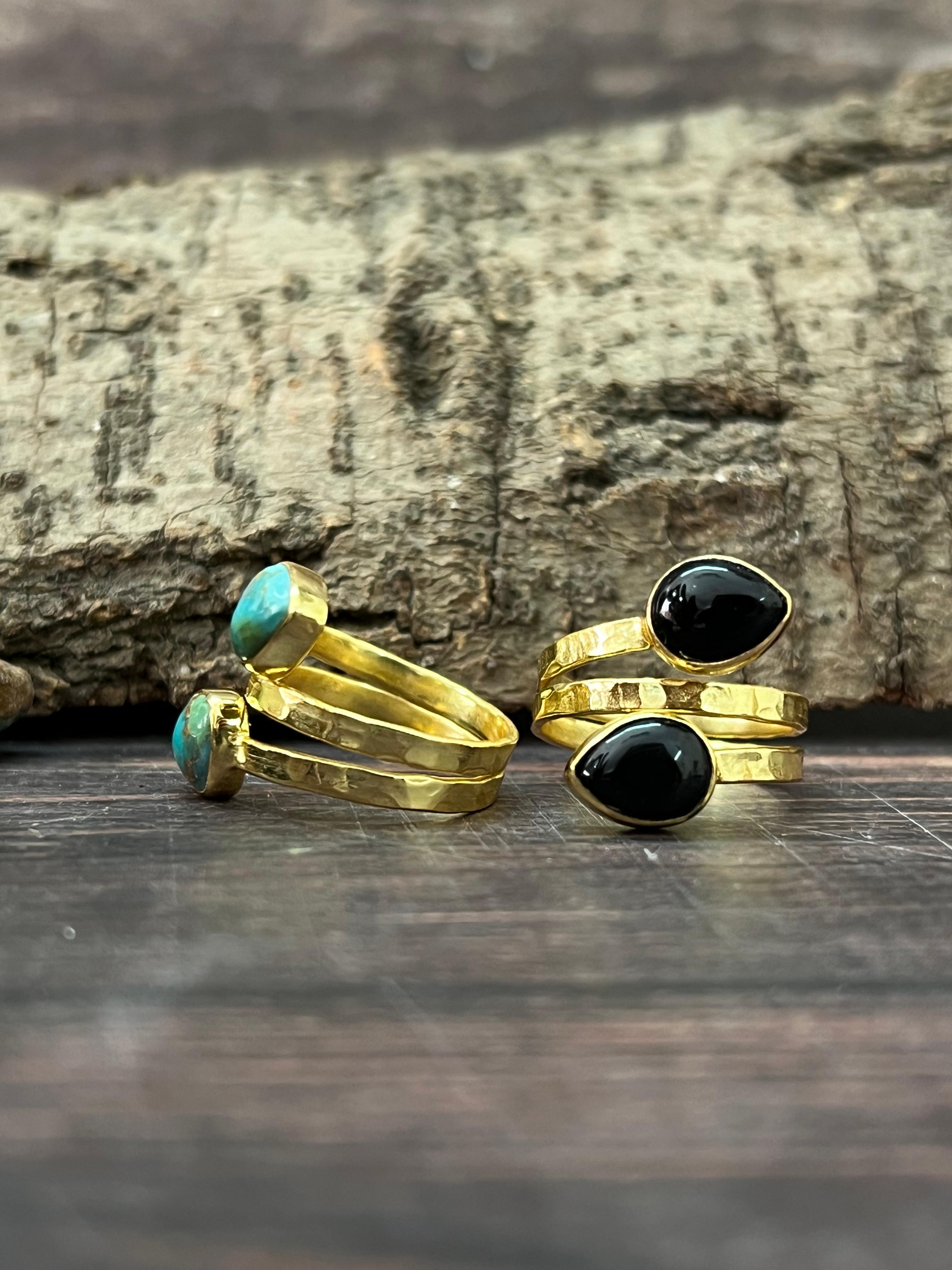 “The Golden Collection” Natural Kingman Turquoise, Black Onyx Adjustable 2 Stone Ring