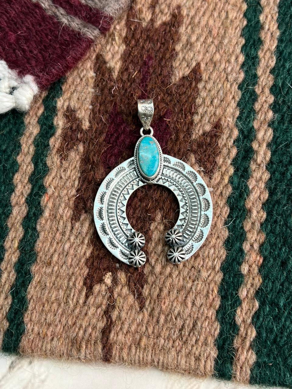 Handmade Sterling Silver Kingman Turquoise Naja Pendant "Signed Nizhoni"