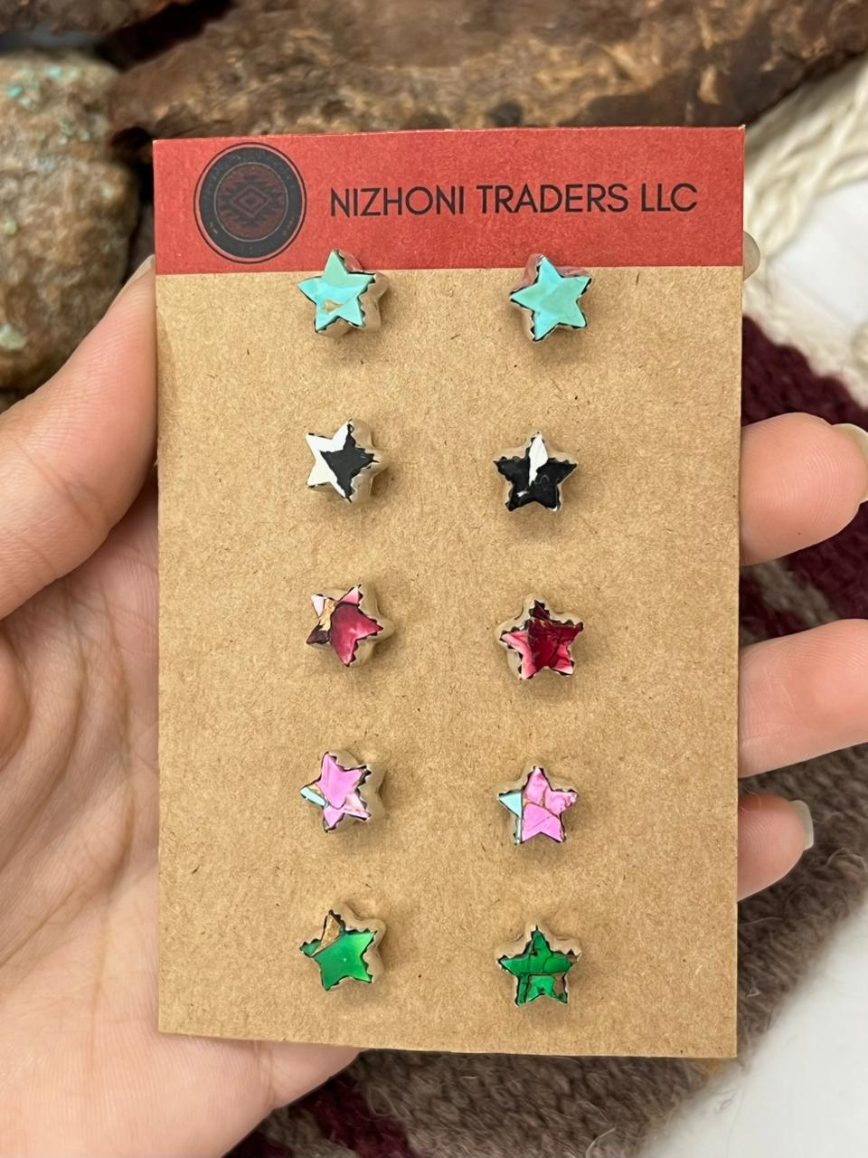 Handmade Sterling Silver Multi Stone Post STAR Studs (Cards) Earring Set