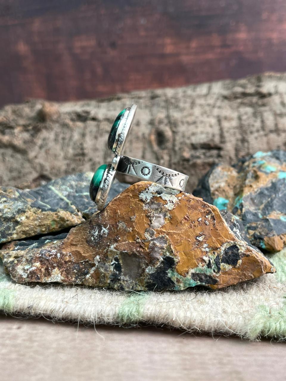 Handmade Sterling Silver Emerald Rose Adjustable Ring "Signed Nizhoni"