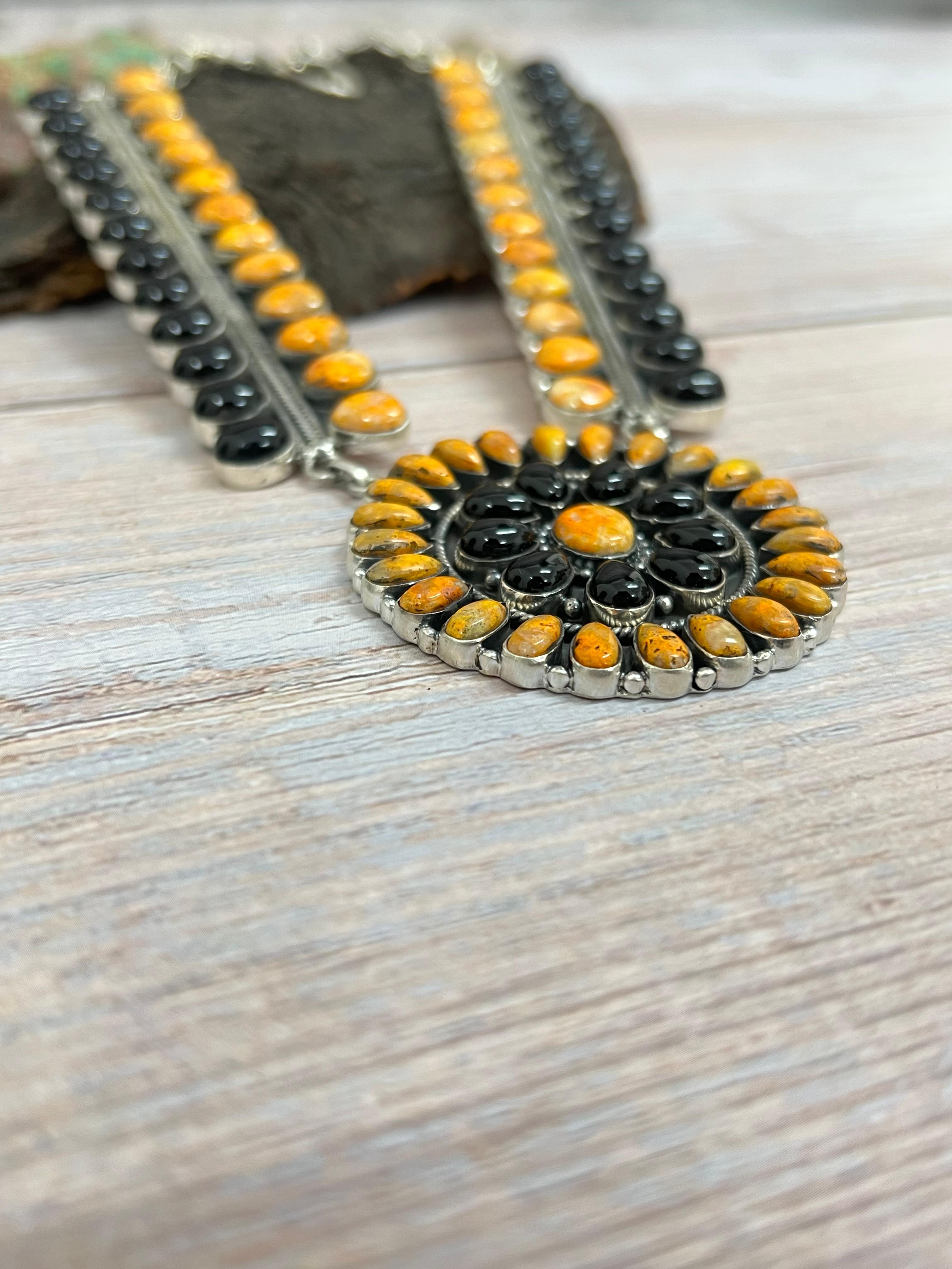 Handmade Sterling Silver Black Onyx, Bumblebee Necklace Signed Nizhoni