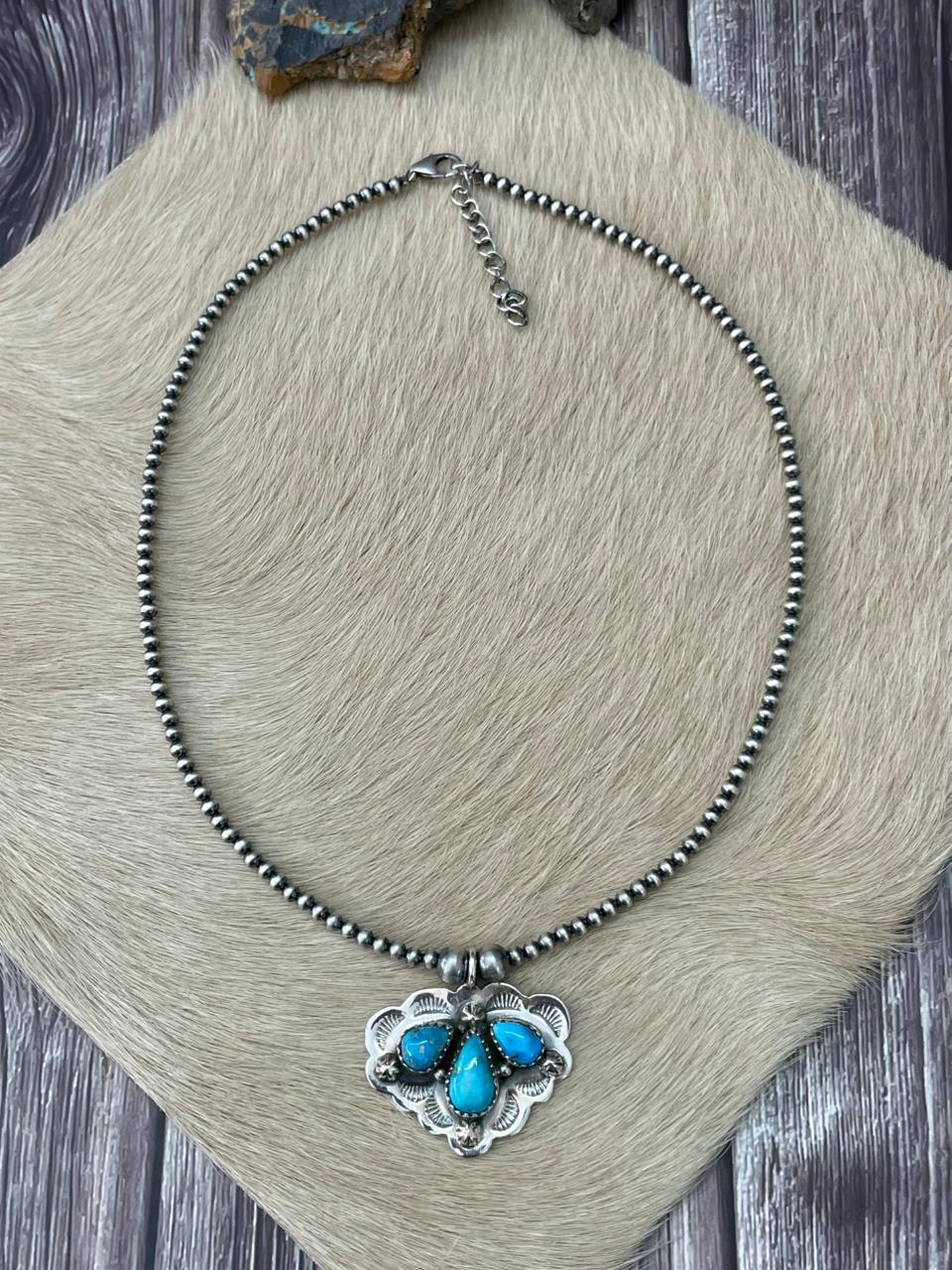 Handmade Sterling Silver Beaded White Water Turquoise Necklace "Signed Nizhoni"