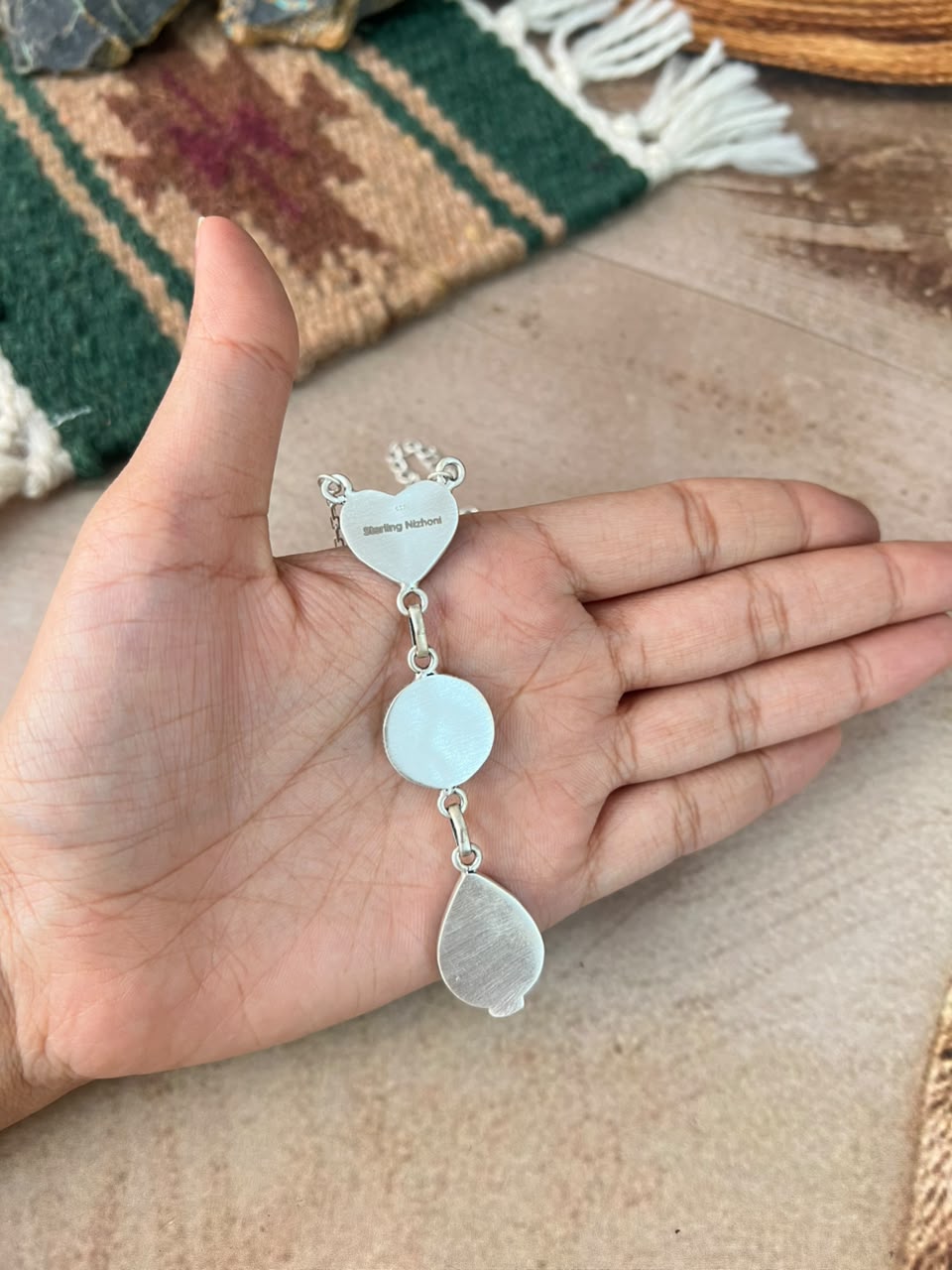 Handmade Sterling Silver Hardy Pit Collection: Drop Necklace Signed Nizhoni