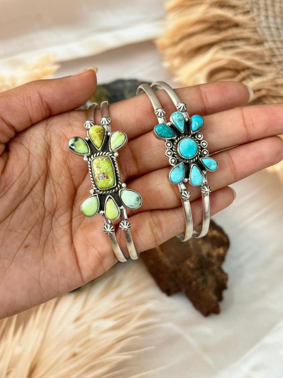 Handmade Sterling Silver White Water and Palomino Turquoise Bracelet "Signed Nizhoni"