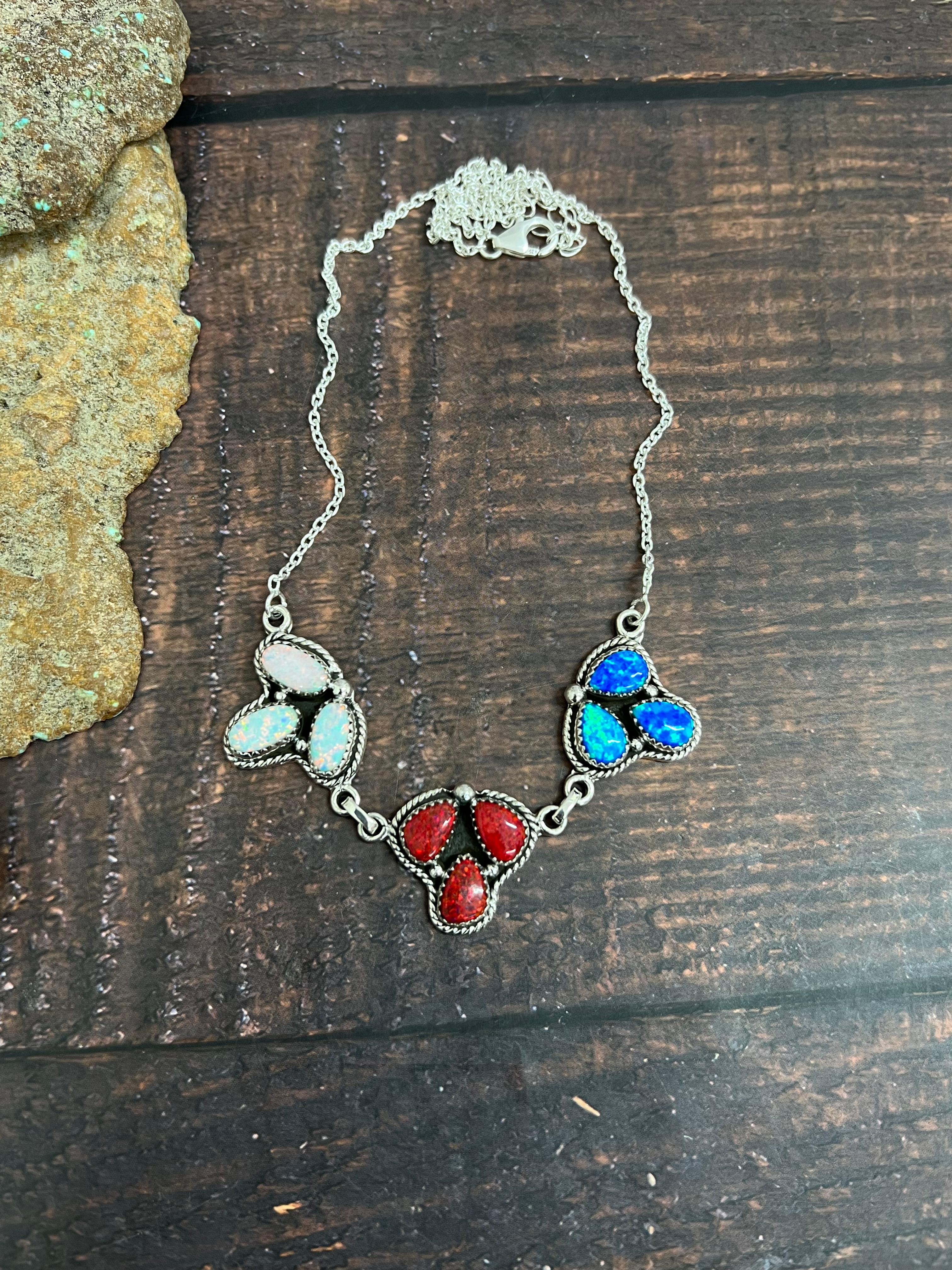 ** 4TH OF JULY ** Handmade Sterling Silver Synthetic Opal Necklace with Signed Nizhoni