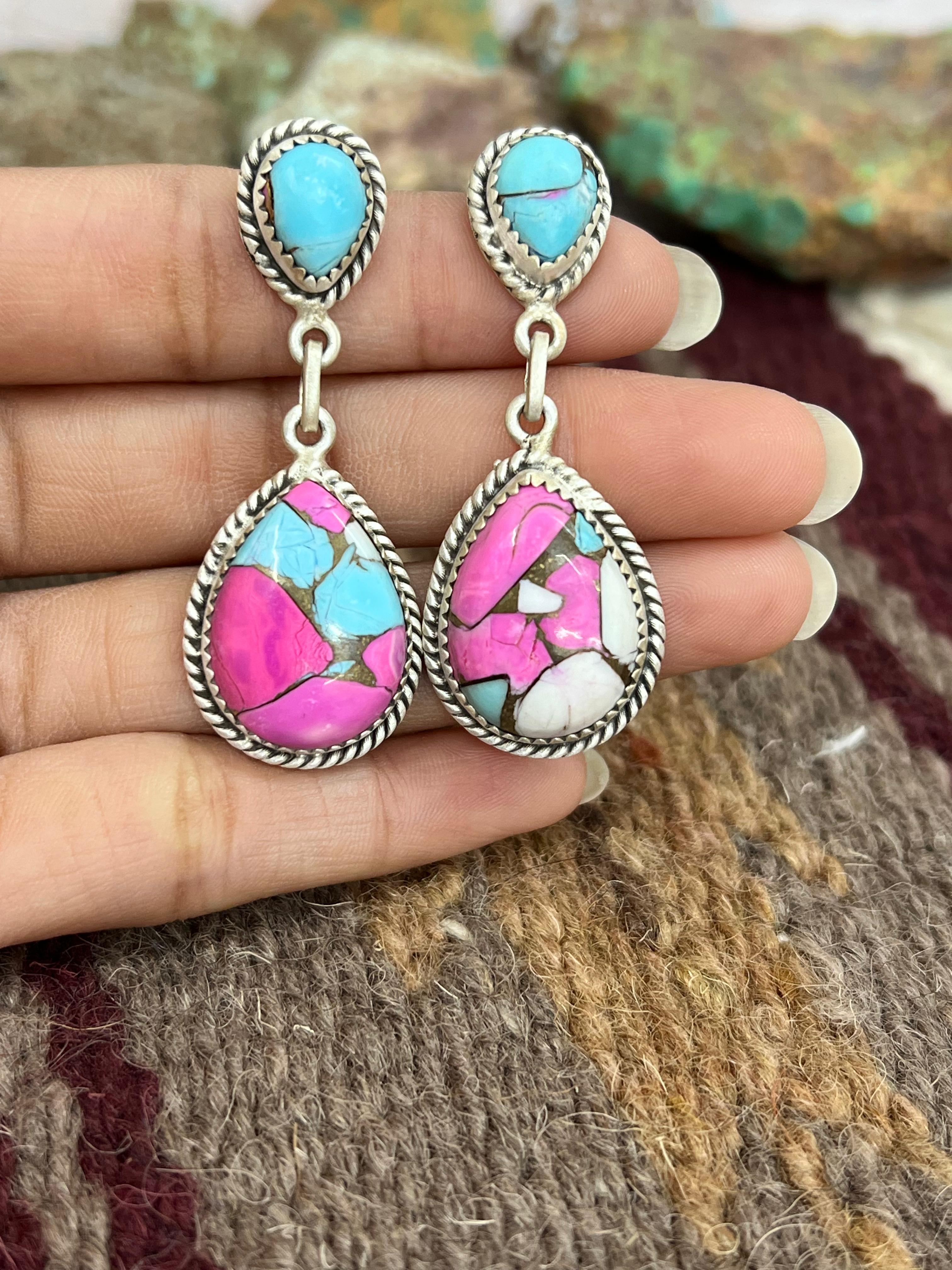 Handmade Sterling Silver Cotton Candy Turquoise Post Dangle Earrings with Signed Nizhoni