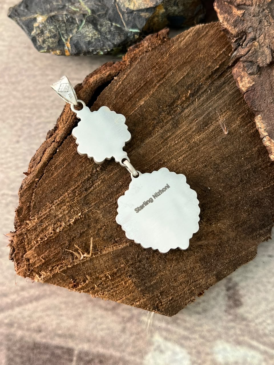 Handmade Sterling Silver Kingman Turquoise with White Buffalo Pendant Signed Nizhoni