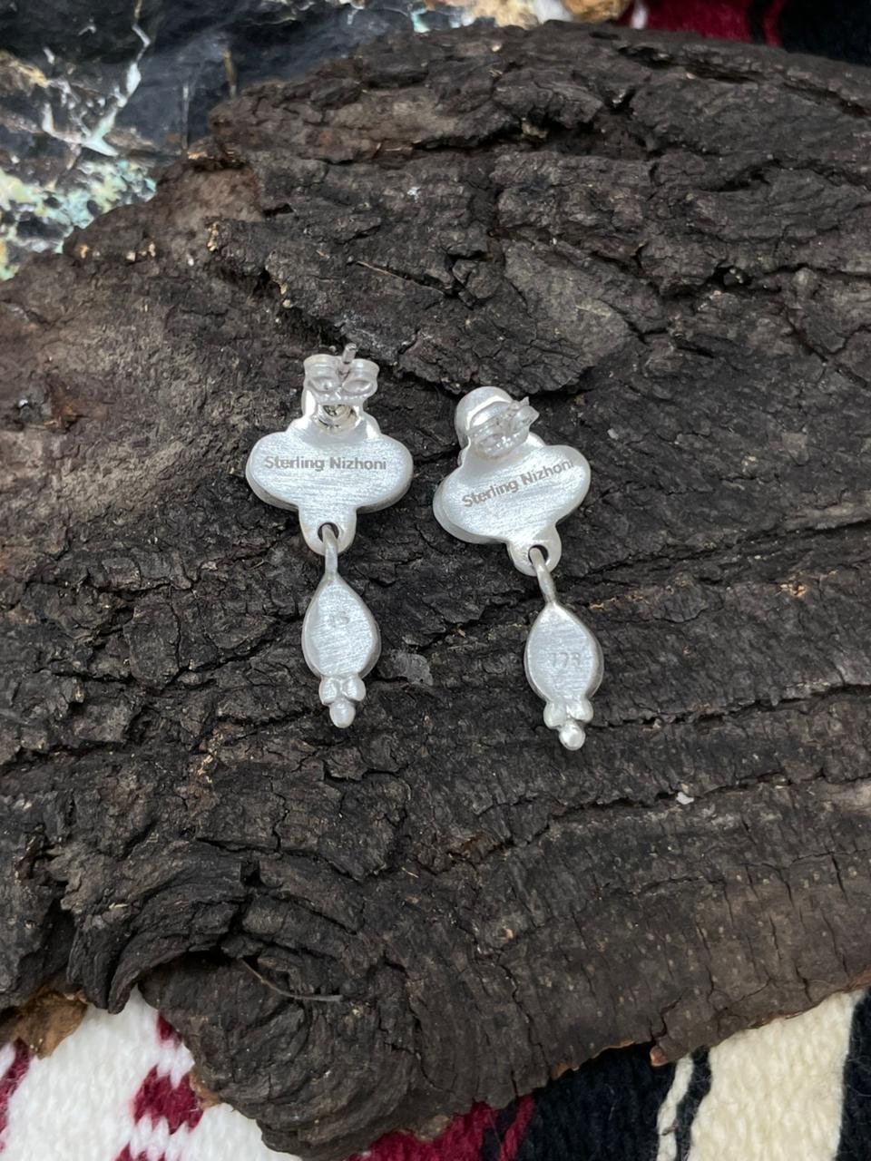 "Christmas Collection" Handmade Sterling Silver White Buffalo with Red Opal Dangle Earrings "Signed Nizhoni"