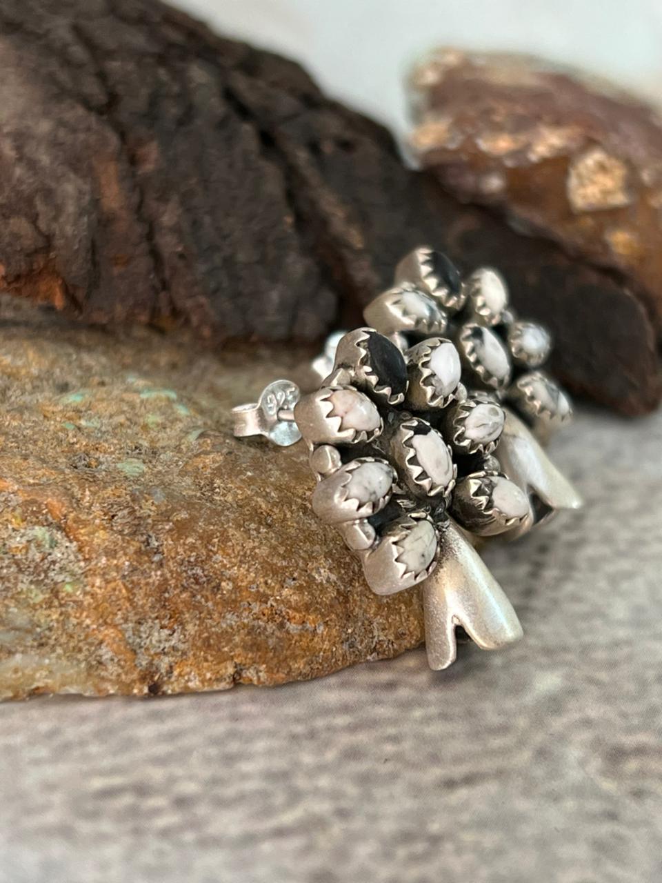 Handmade Sterling Silver White Buffalo Post Studs Earrings "Signed Nizhoni"