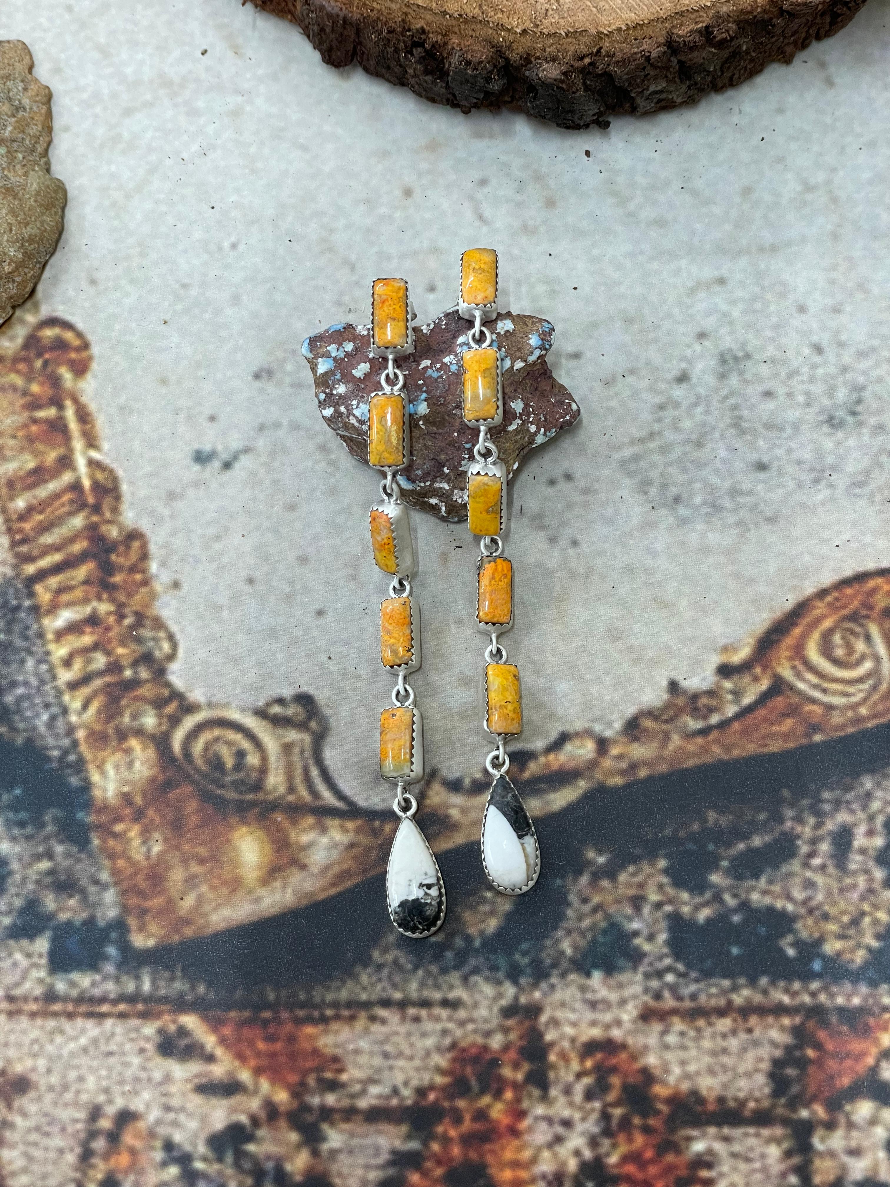 Handmade Sterling Silver White Buffalo, Bumblebee Post Dangle Earrings with Signed Nizhoni