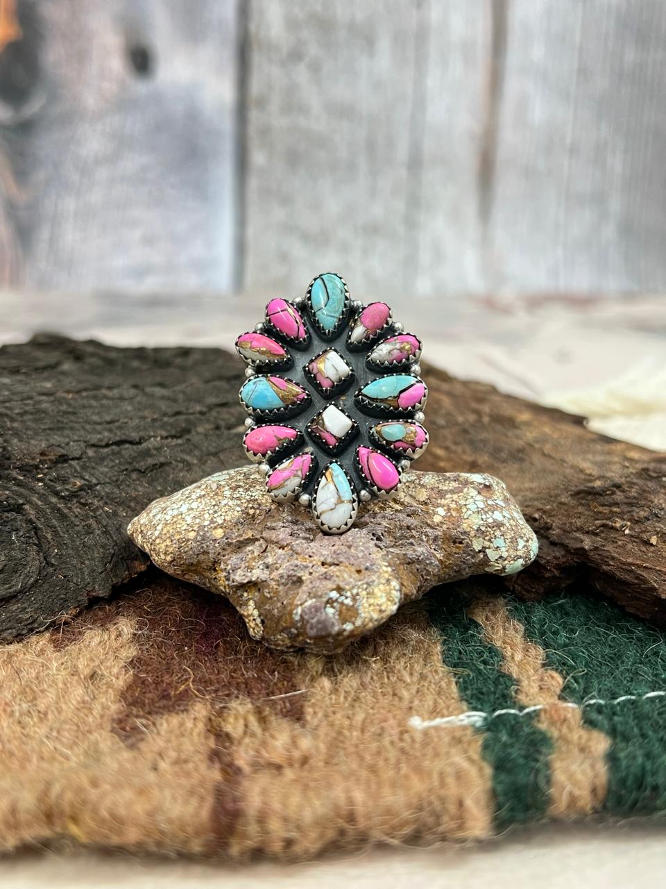 Handmade Sterling Silver Cotton Candy Turquoise Adjustable Ring with Signed Nizhoni