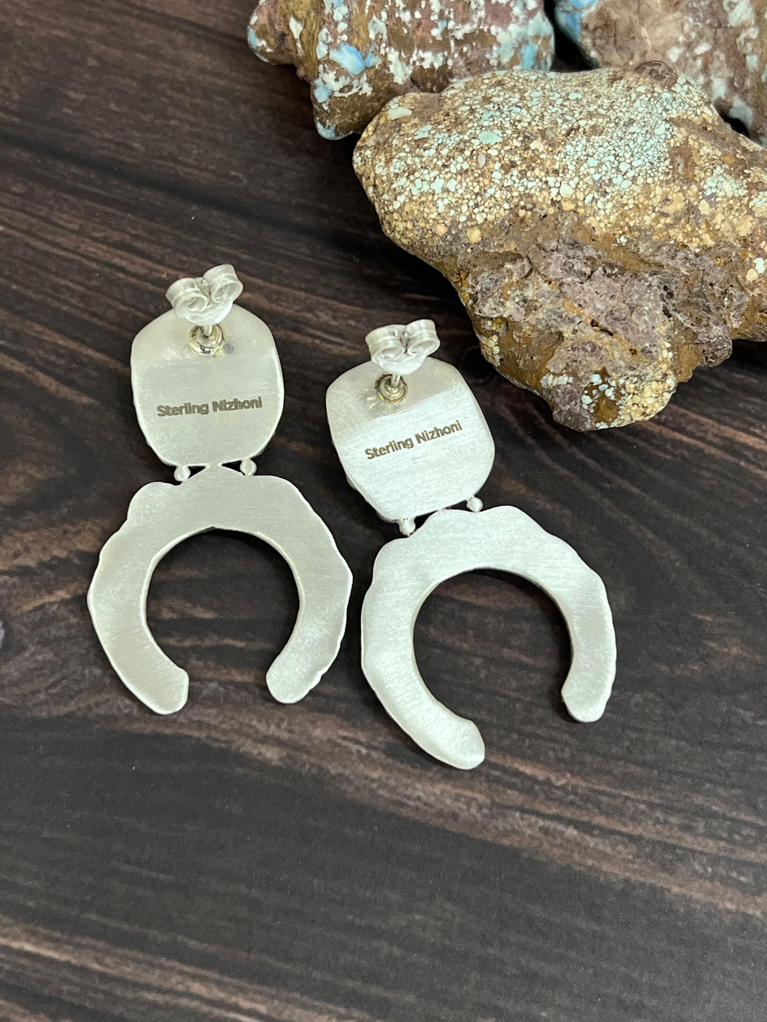 Handmade Sterling Silver Golden Hills Turquoise Post Dangle Earrings with Signed Nizhoni