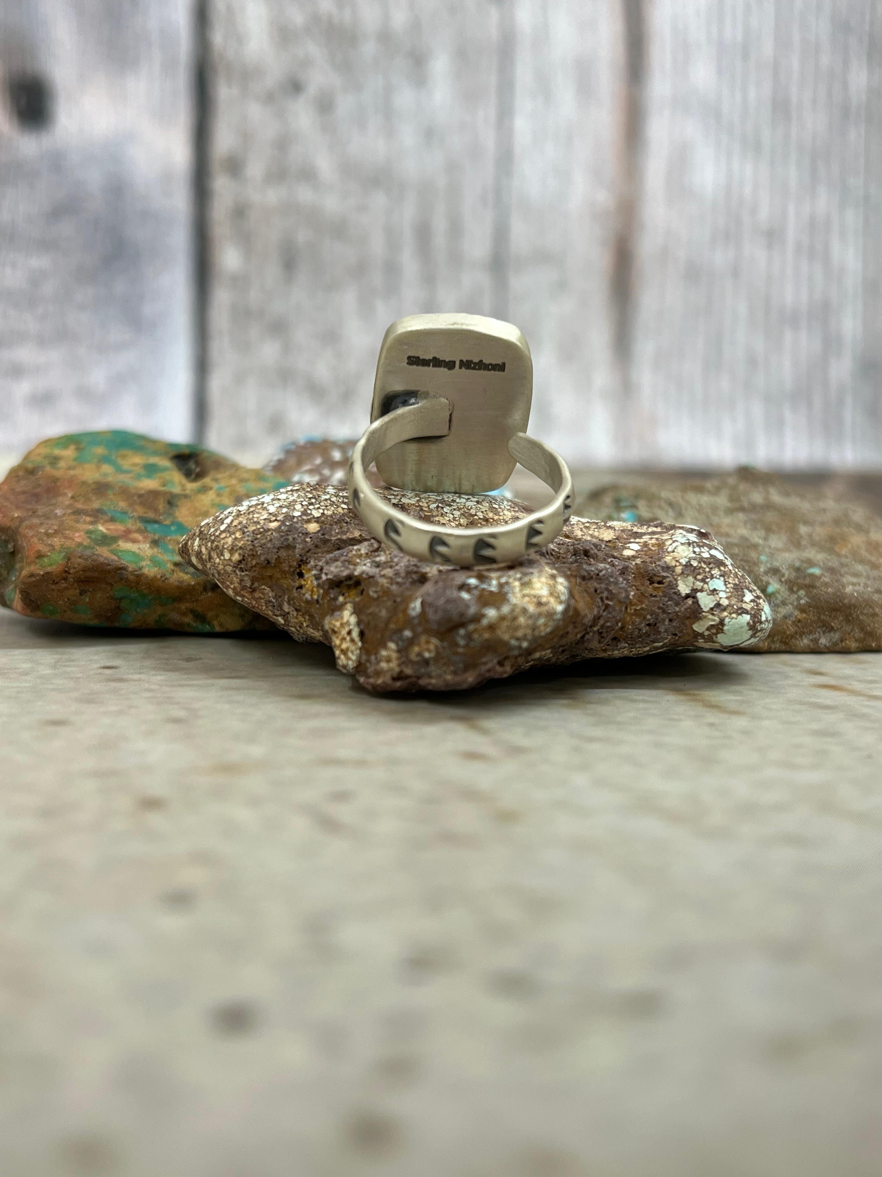 Handmade Sterling Silver Number 8 Turquoise Adjustable Ring with Signed Nizhoni