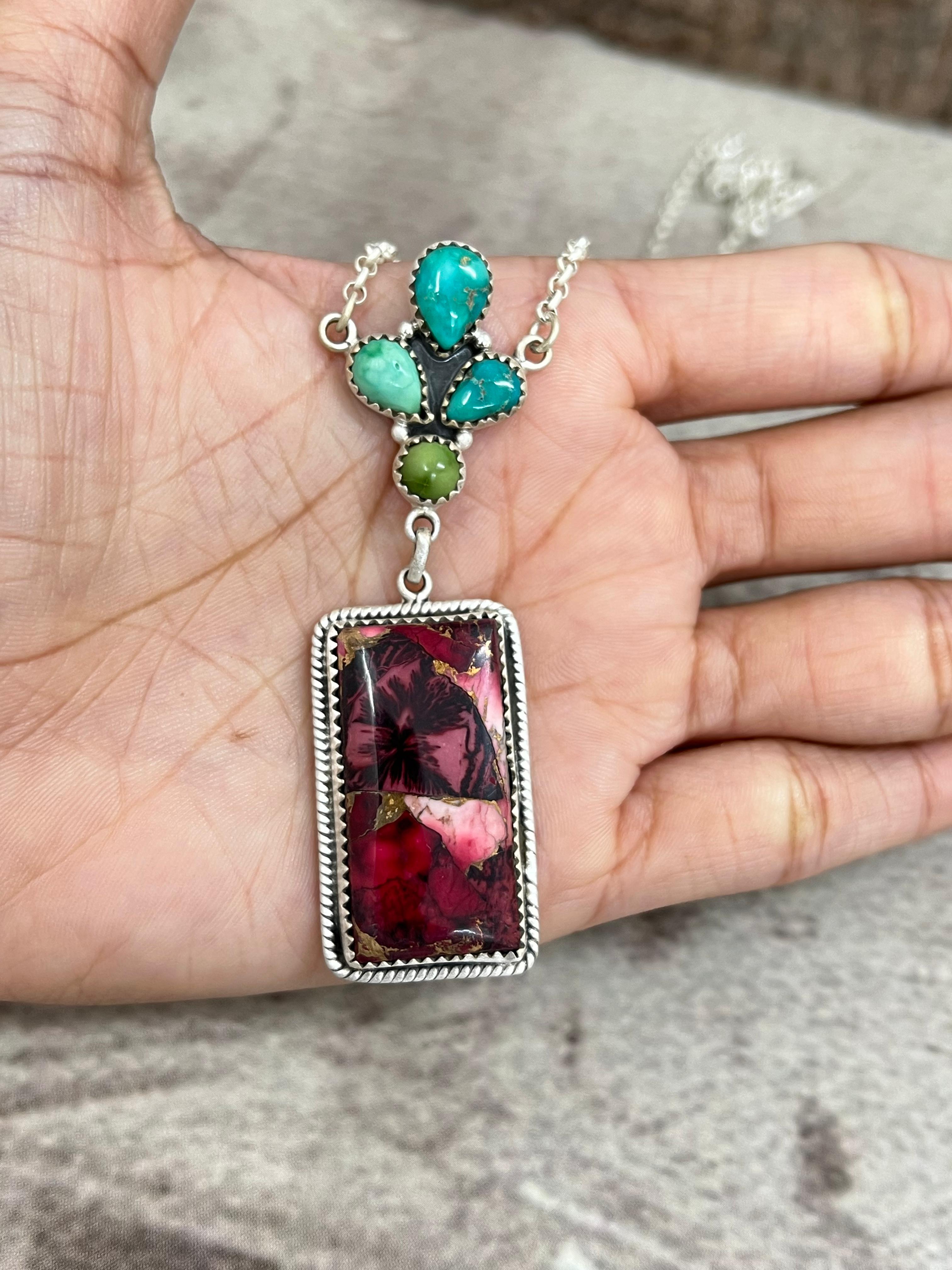 Handmade Sterling Silver Emerald Valley with Dahlia Rose Necklace with Signed Nizhoni