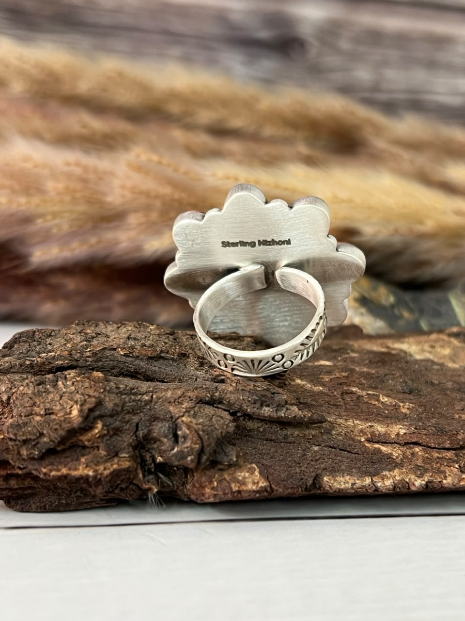 Handmade Sterling Silver Orange Mojave with Kingman Turquoise Adjustable Ring Signed Nizhoni