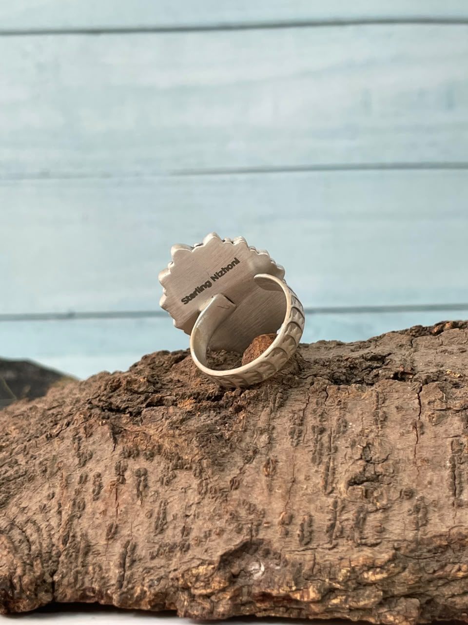 Handmade Sterling Silver Kingman Turquoise with Orange Mojave Adjustable Ring Signed Nizhoni