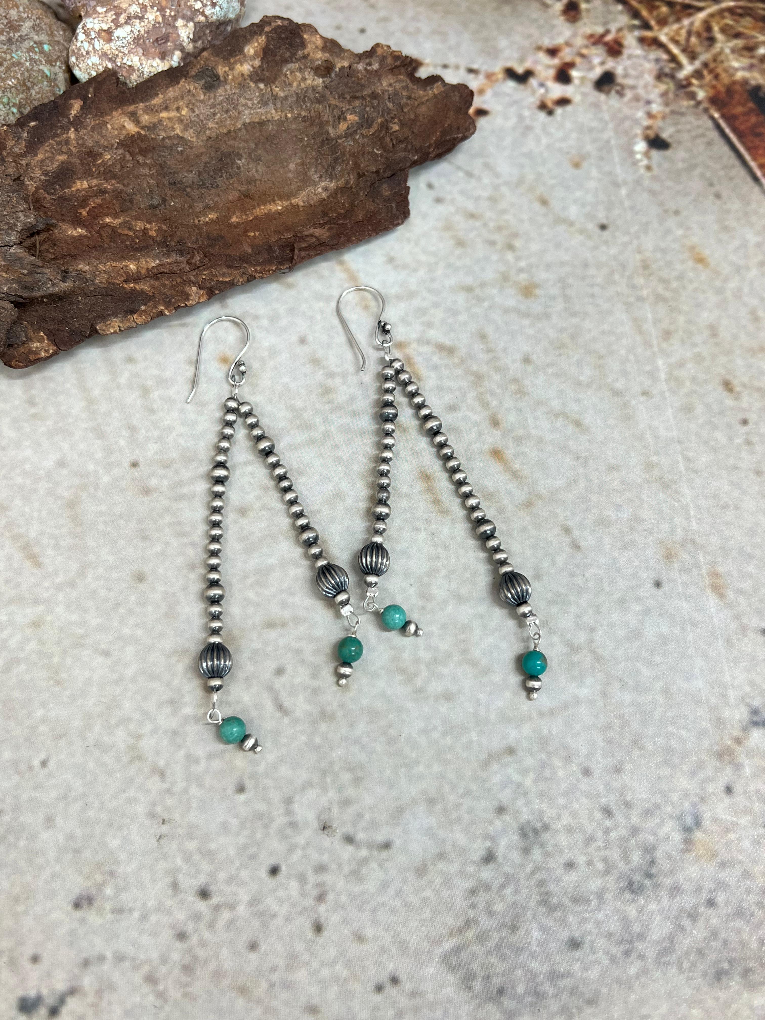 Handmade Sterling Silver Beaded Kingman Turquoise Dangle Earrings Signed Nizhoni