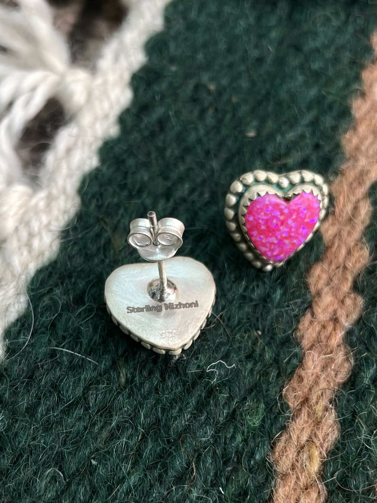 Handmade Sterling Silver Hot Pink Heart Shape Post Studs Earrings "Signed Nizhoni"