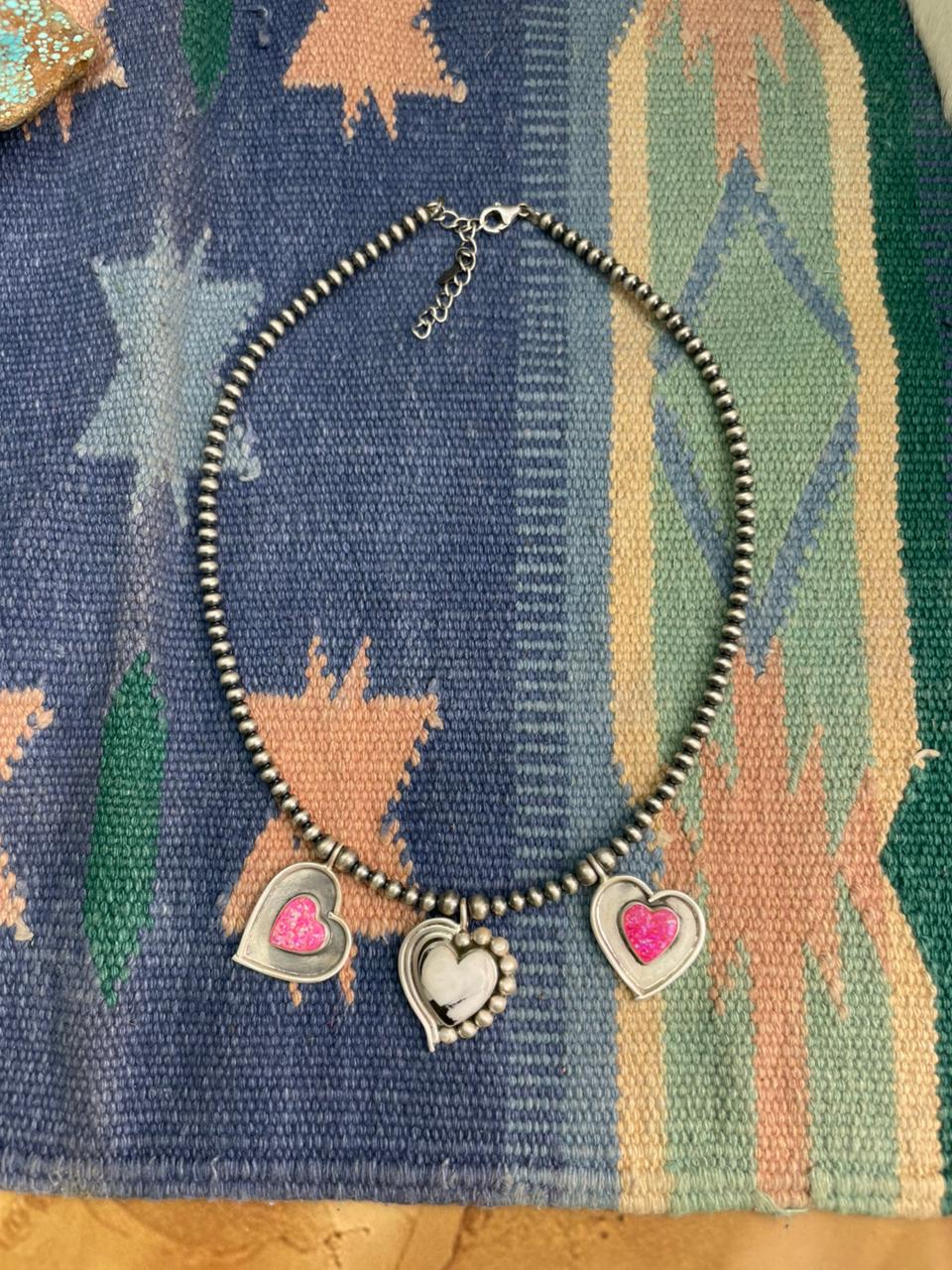 Handmade Sterling Silver White Buffalo with Hot Pink Beaded Heart Necklace "Signed Nizhoni"