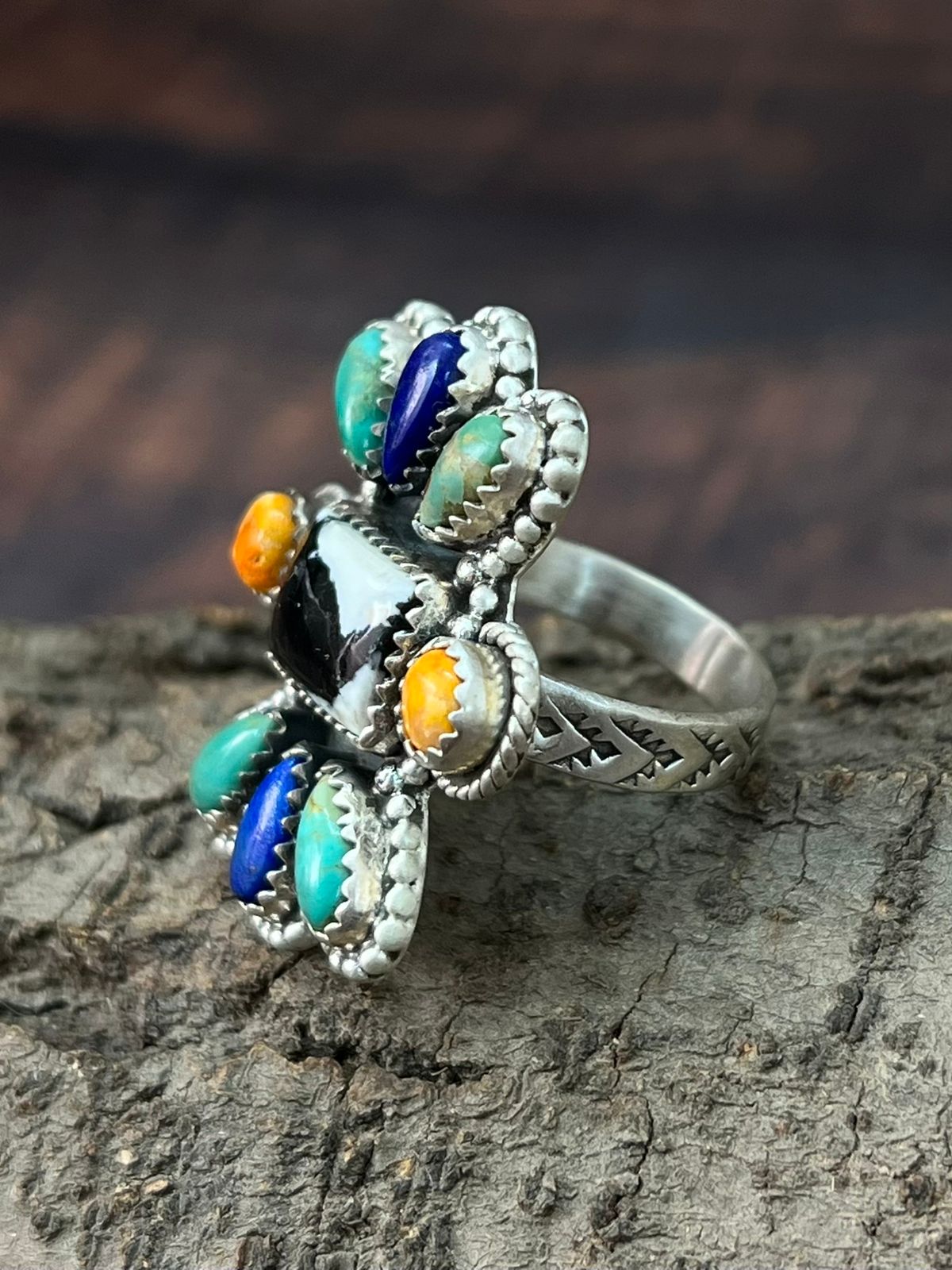 Handmade Sterling Silver Lapis, Kingman, Honey Dahlia, White Buffalo Adjustable Ring "Signed Nizhoni"