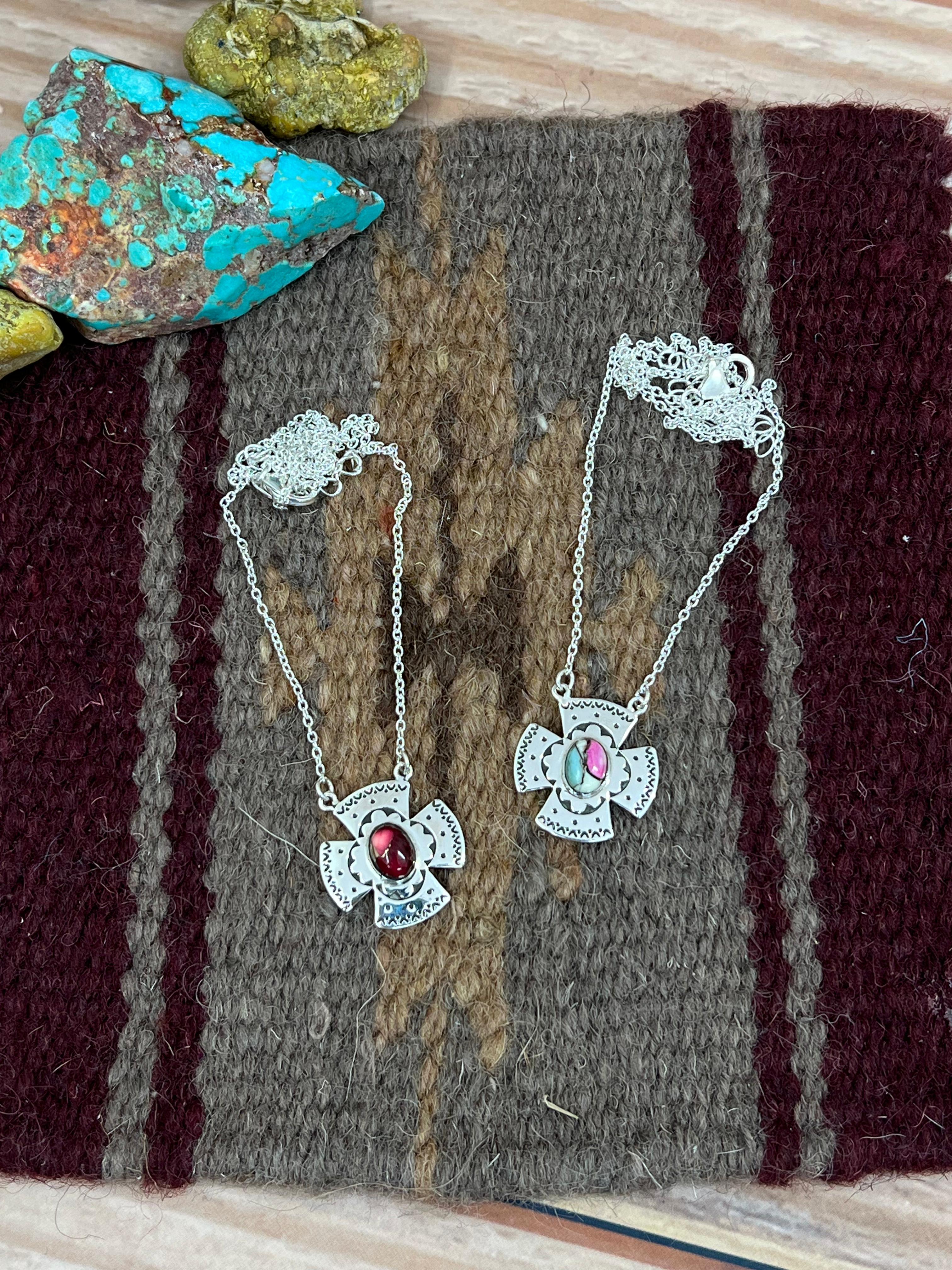 Handmade Sterling Silver Cotton Candy Turquoise, Dahlia Rose Necklace with Signed Nizhoni