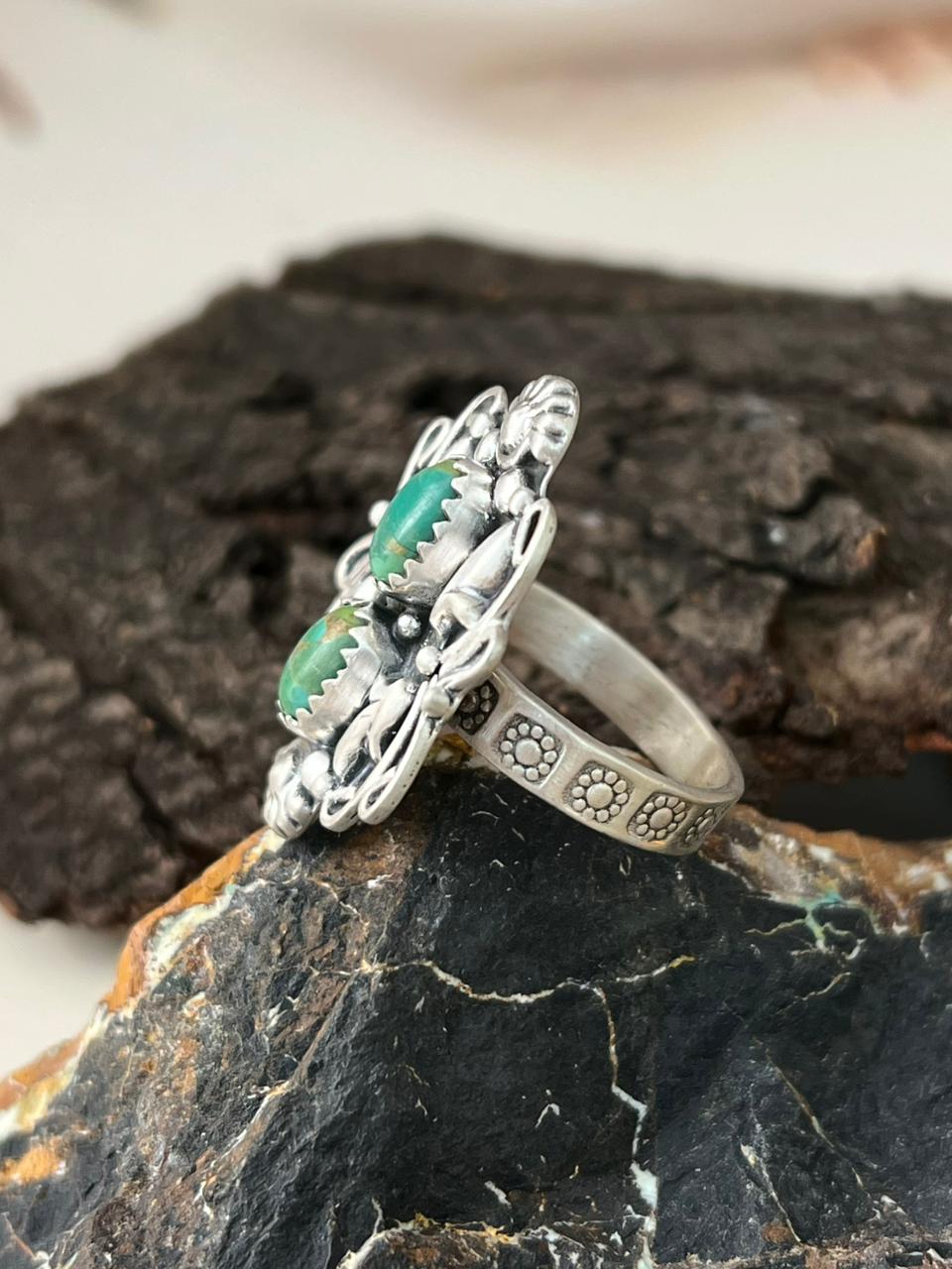 Handmade Sterling Silver Kingman Turquoise Adjustable Ring "Signed Nizhoni"